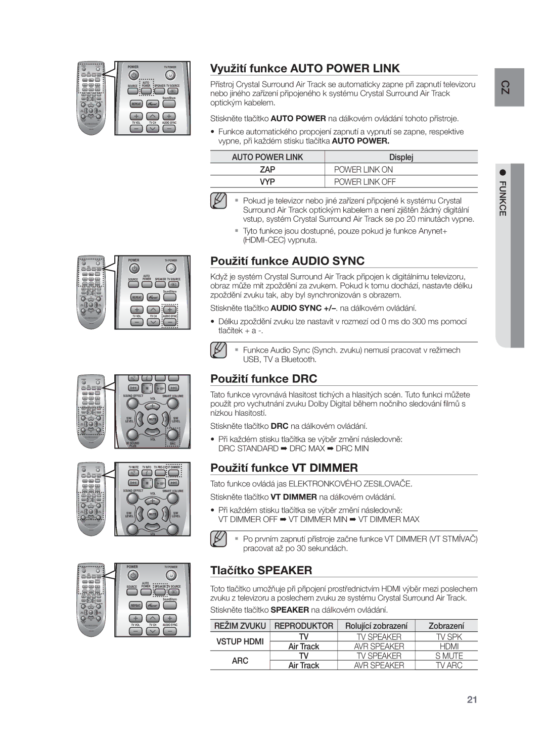 Samsung HW-F751/EN Využití funkce Auto Power Link, Použití funkce Audio Sync, Použití funkce DRC, Použití funkce VT Dimmer 