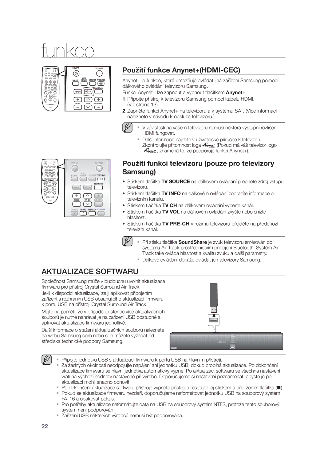 Samsung HW-F750/EN, HW-F751/EN, HW-F750/XE, HW-F751/XE manual Aktualizace Softwaru, Použití funkce Anynet+HDMI-CEC 