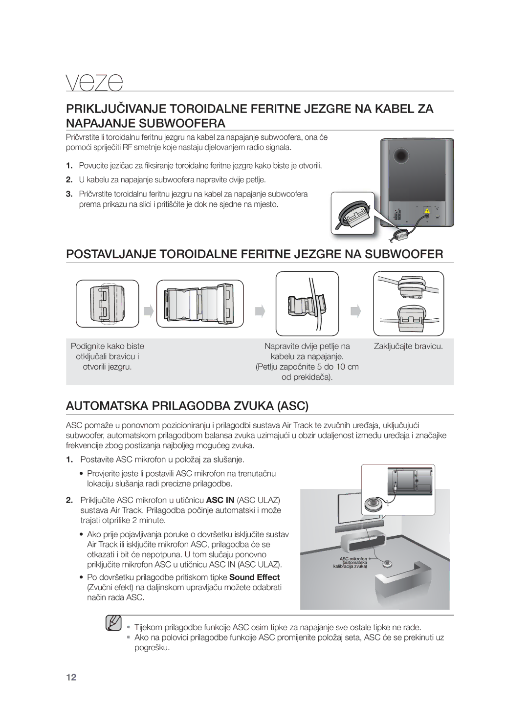 Samsung HW-F751/EN, HW-F750/EN manual Postavljanje Toroidalne Feritne Jezgre NA Subwoofer, Automatska Prilagodba Zvuka ASC 