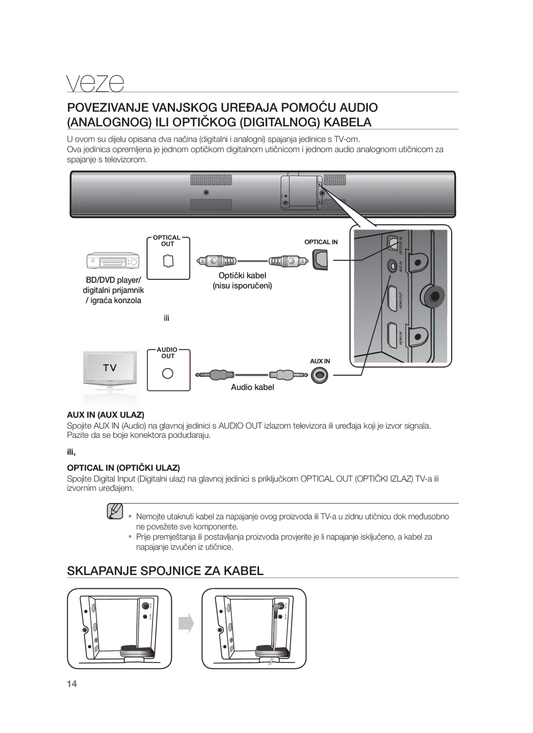 Samsung HW-F751/EN, HW-F750/EN manual Sklapanje Spojnice ZA Kabel, Audio kabel, AUX in AUX Ulaz, Optical in Optički Ulaz 