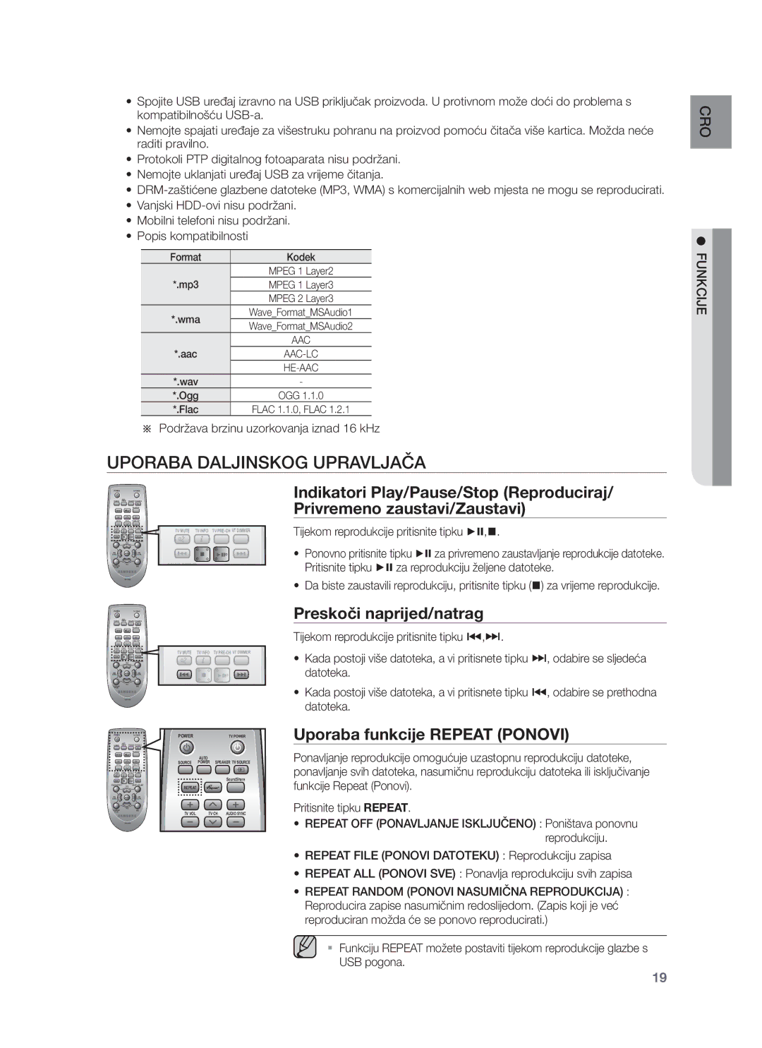 Samsung HW-F750/EN, HW-F751/EN Uporaba Daljinskog Upravljača, Preskoči naprijed/natrag, Uporaba funkcije Repeat Ponovi 