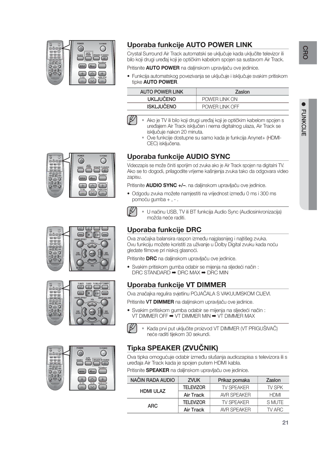 Samsung HW-F750/EN, HW-F751/EN manual Uporaba funkcije Auto Power Link, Uporaba funkcije Audio Sync, Uporaba funkcije DRC 