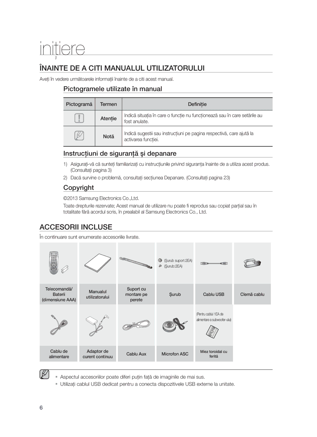 Samsung HW-F750/EN, HW-F751/EN manual Iniţiere, Înainte DE a Citi Manualul Utilizatorului, Accesorii Incluse 