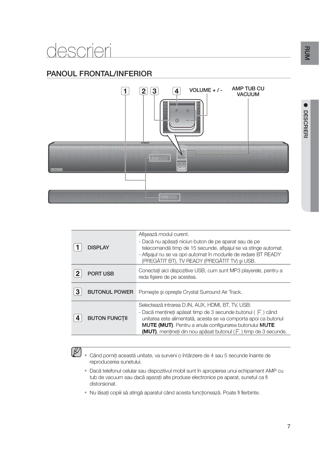 Samsung HW-F751/EN, HW-F750/EN manual Descrieri, Panoul FRONTAL/INFERIOR 