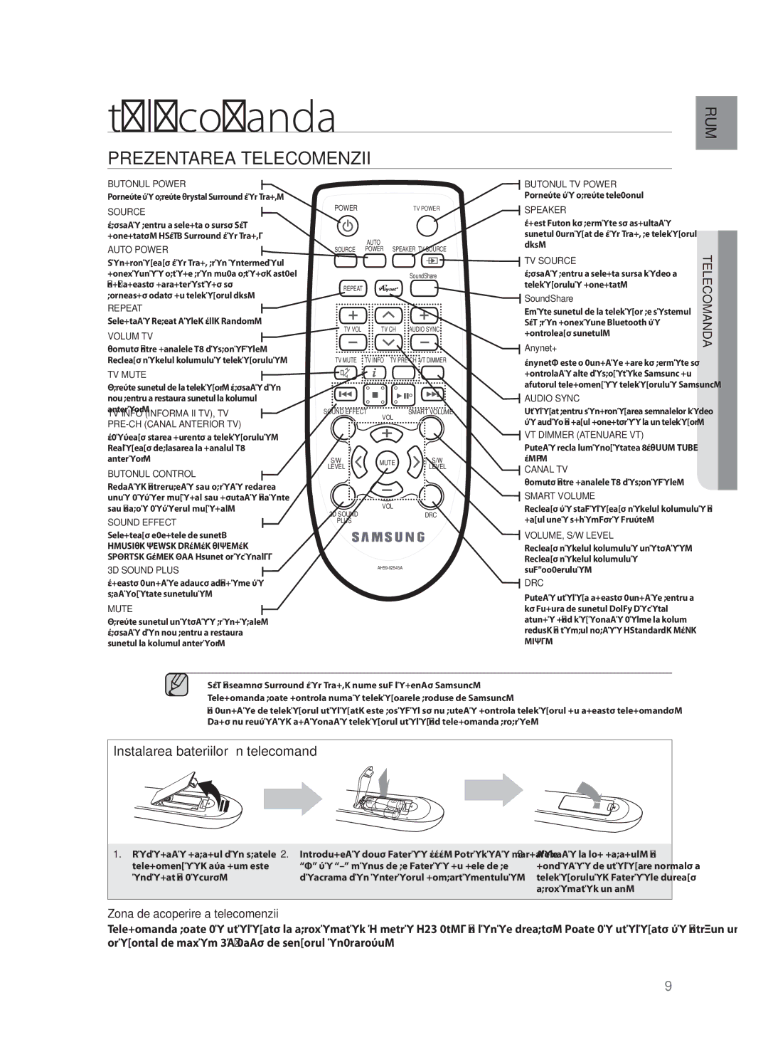 Samsung HW-F751/EN, HW-F750/EN manual Telecomanda, Prezentarea Telecomenzii, Zona de acoperire a telecomenzii 