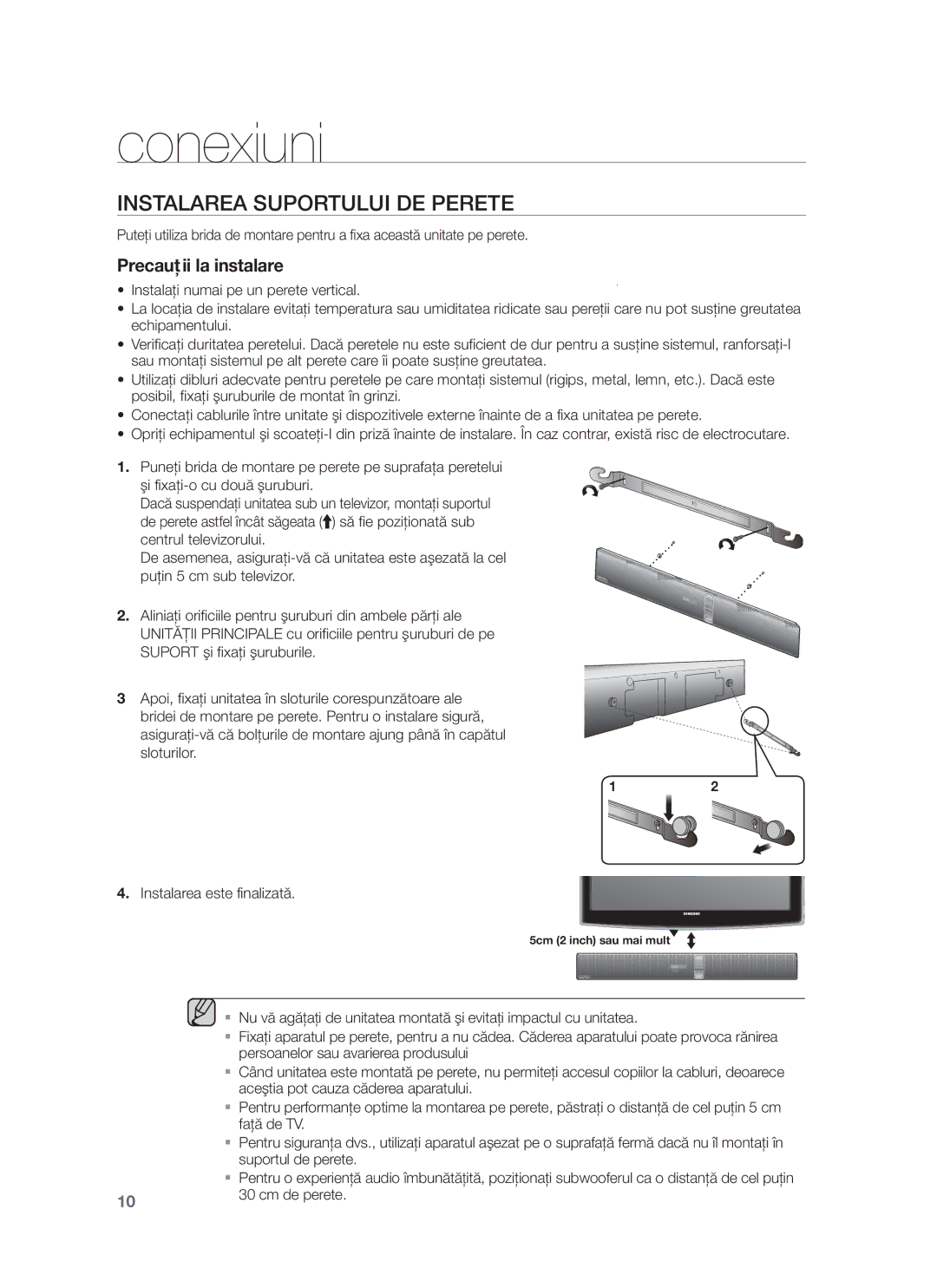 Samsung HW-F750/EN, HW-F751/EN manual Conexiuni, Instalarea Suportului DE Perete 