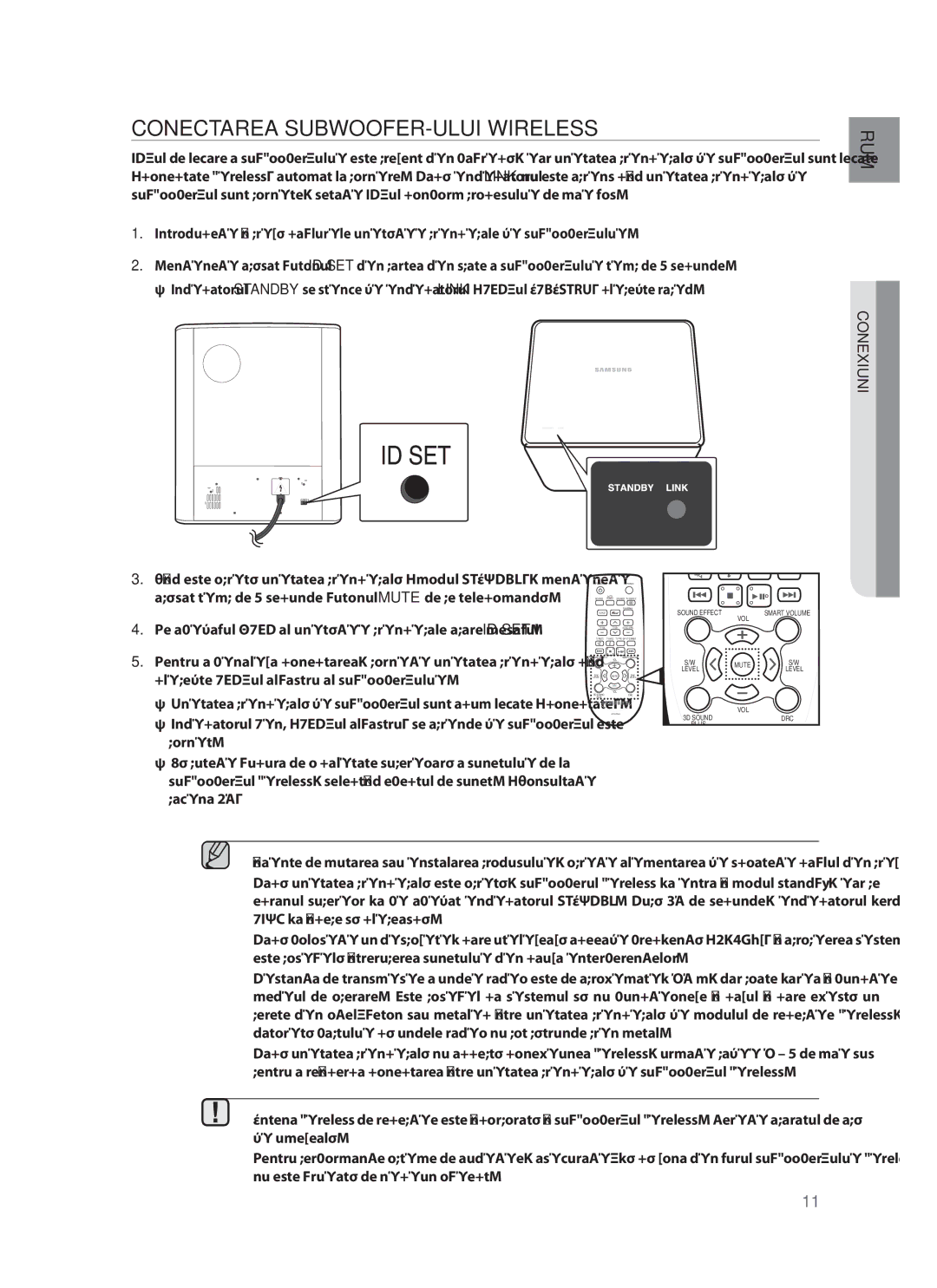 Samsung HW-F751/EN Conectarea SUBWOOFER-ULUI Wireless, Apăsat timp de 5 secunde butonul Mute de pe telecomandă, Conexiuni 