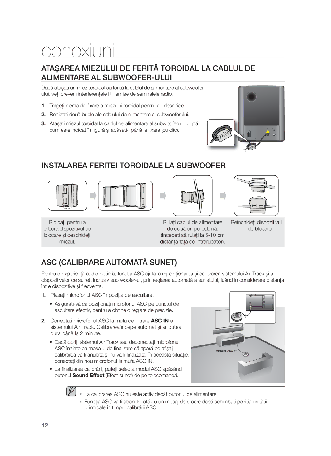 Samsung HW-F750/EN, HW-F751/EN manual Instalarea Feritei Toroidale LA Subwoofer, ASC Calibrare Automată Sunet, De blocare 