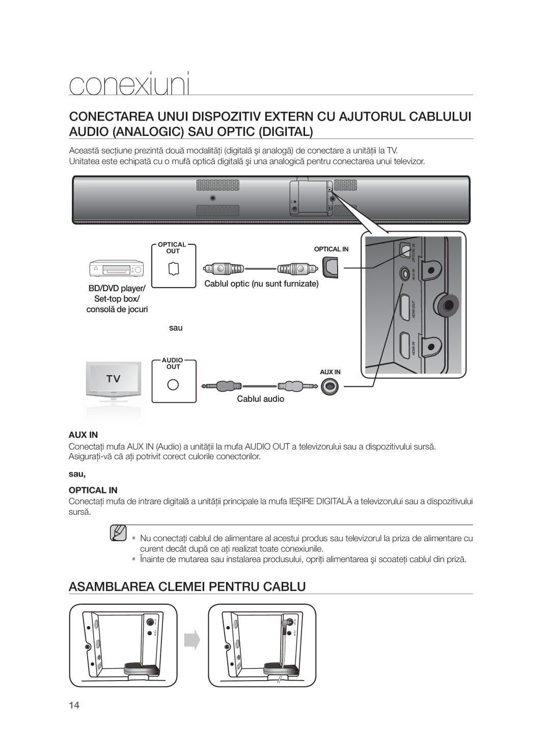 Samsung HW-F750/EN, HW-F751/EN manual Asamblarea Clemei Pentru Cablu, Aux, Sau, Optical 