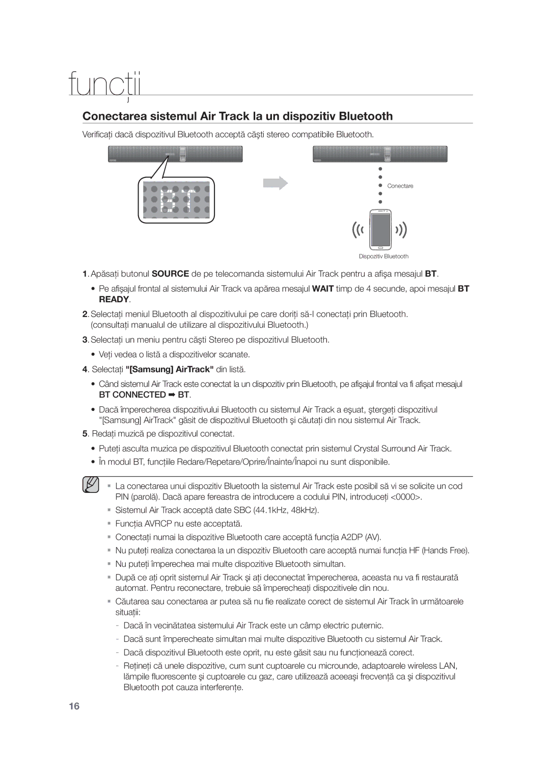 Samsung HW-F750/EN manual Conectarea sistemul Air Track la un dispozitiv Bluetooth, Selectaţi Samsung AirTrack din listă 