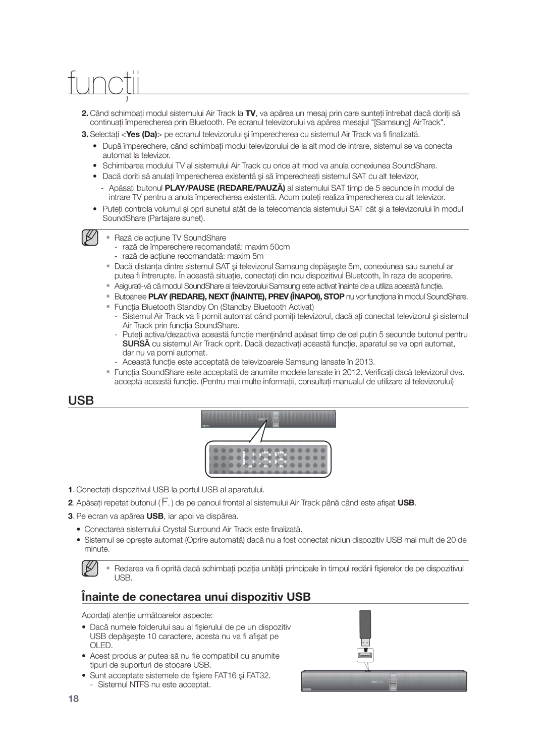 Samsung HW-F750/EN, HW-F751/EN manual Usb, Înainte de conectarea unui dispozitiv USB 