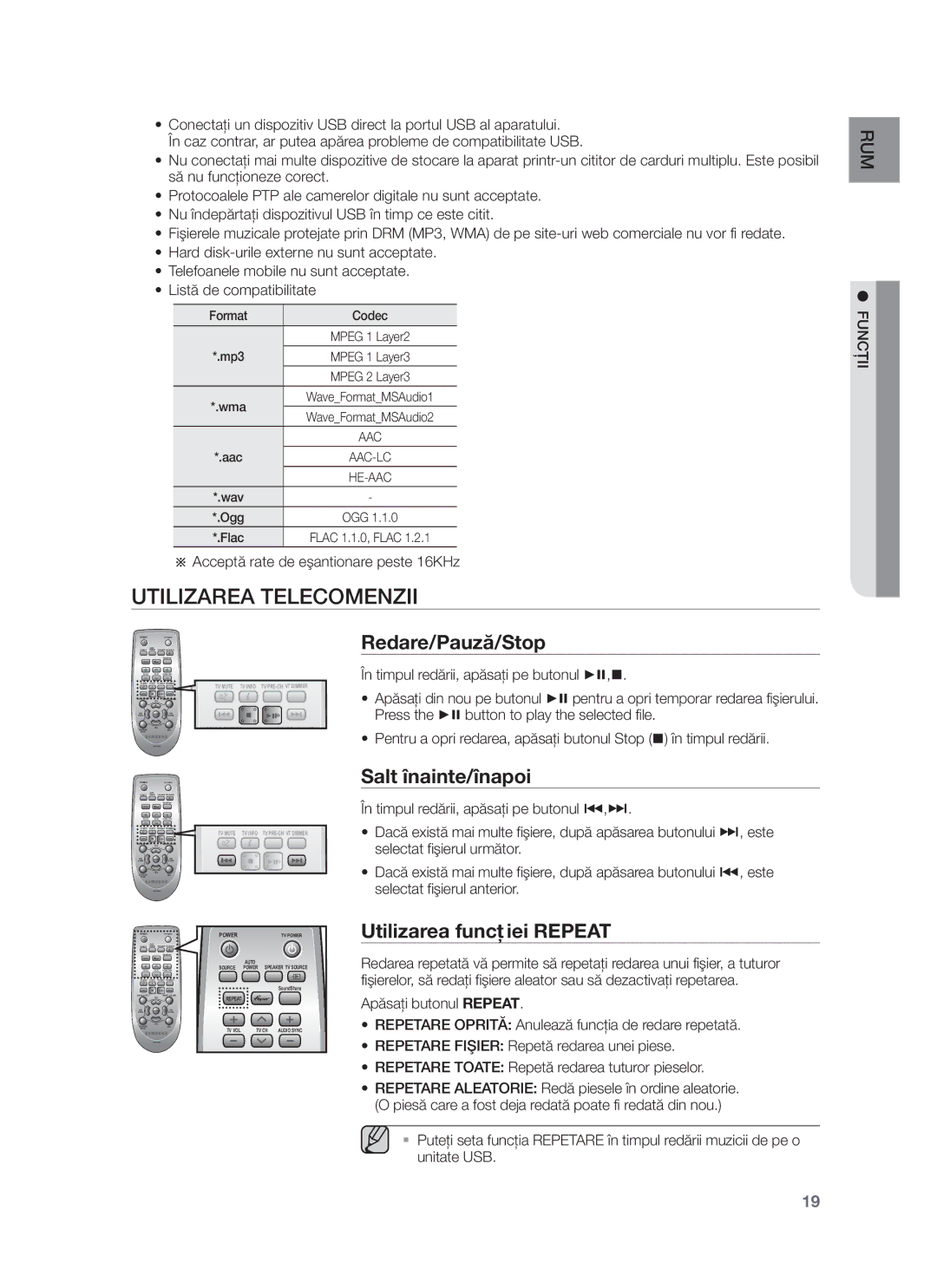 Samsung HW-F751/EN, HW-F750/EN Utilizarea Telecomenzii, Redare/Pauză/Stop, Salt înainte/înapoi, Utilizarea funcţiei Repeat 