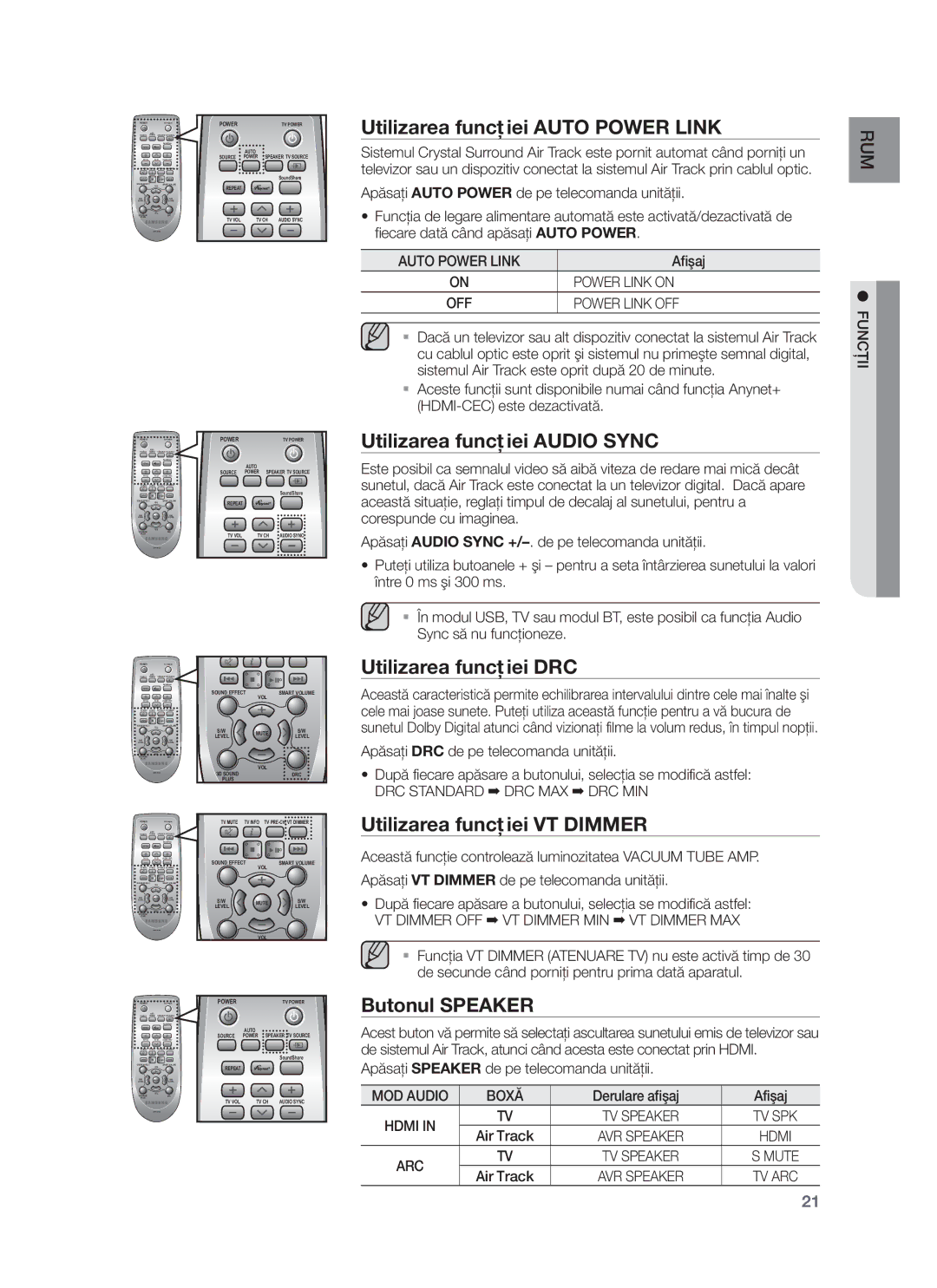 Samsung HW-F751/EN manual Utilizarea funcţiei Auto Power Link, Utilizarea funcţiei Audio Sync, Utilizarea funcţiei DRC 