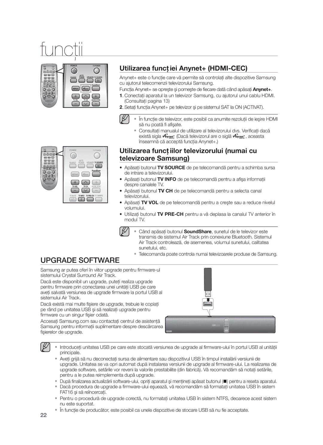 Samsung HW-F750/EN, HW-F751/EN manual Upgrade Software, Utilizarea funcţiei Anynet+ HDMI-CEC 