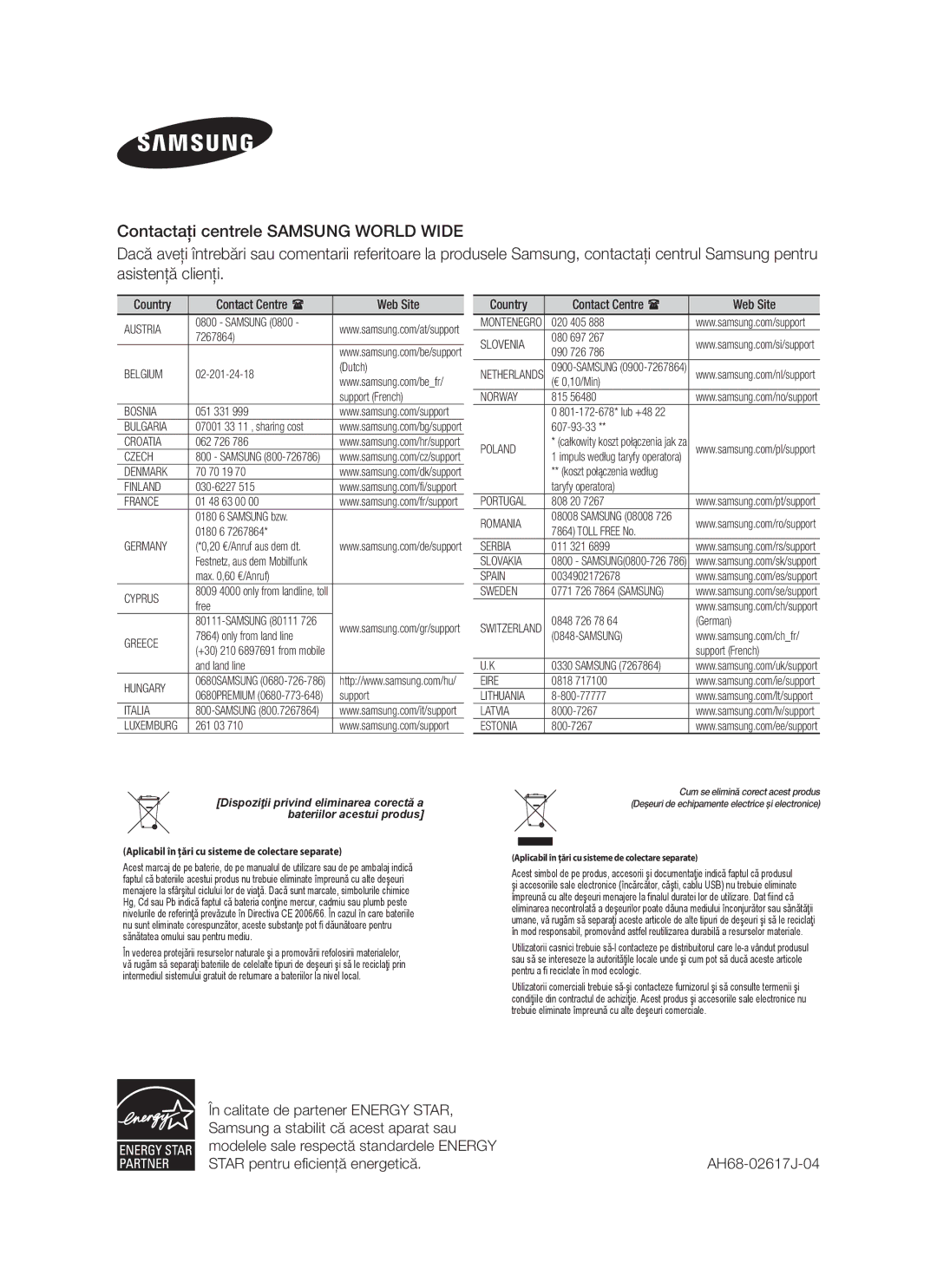 Samsung HW-F751/EN, HW-F750/EN manual Aplicabil în țări cu sisteme de colectare separate 