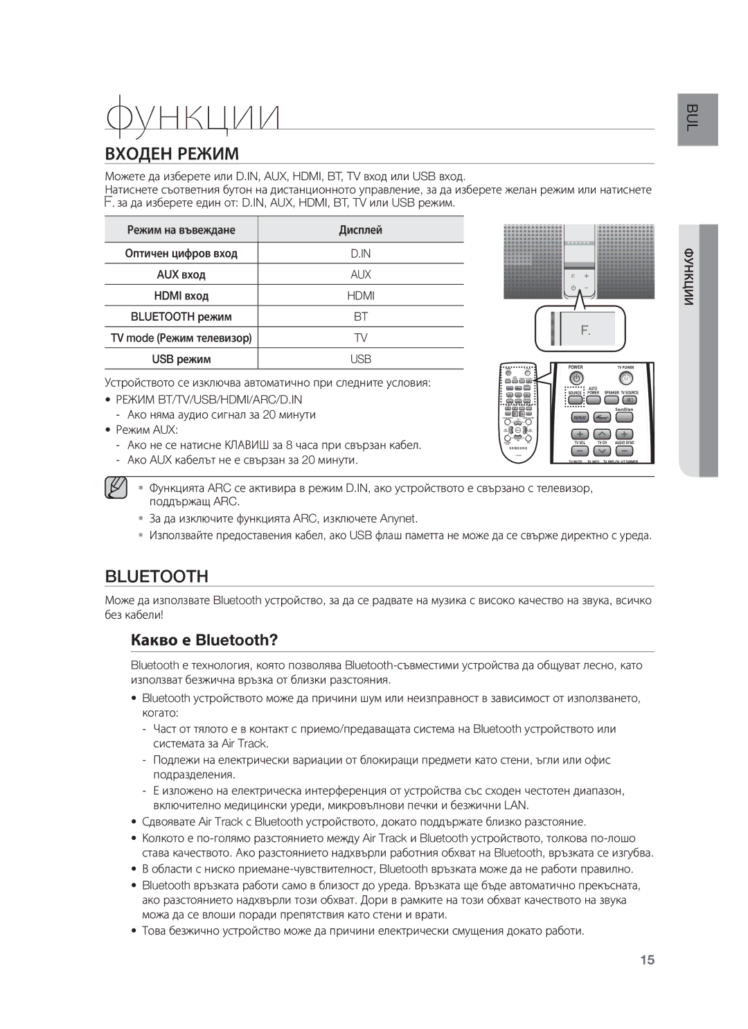 Samsung HW-F750/EN, HW-F751/EN manual Функции, Входен Режим, Какво е Bluetooth?, Режим BT/TV/USB/HDMI/ARC/D.IN 