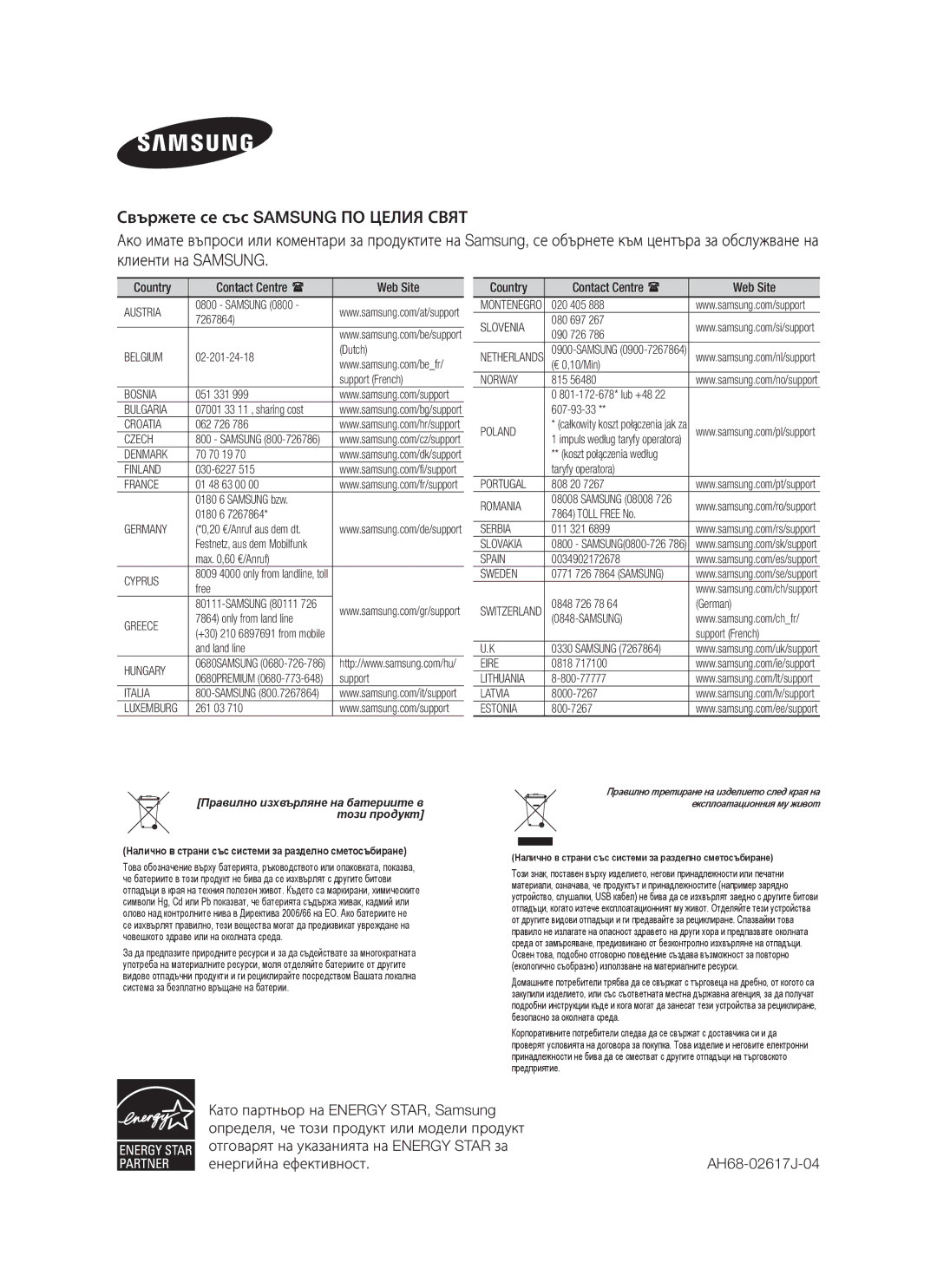 Samsung HW-F750/EN, HW-F751/EN manual Правилно изхвърляне на батериите в този продукт 