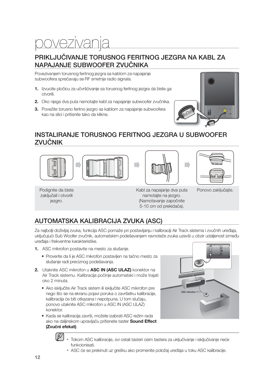 Samsung HW-F750/EN, HW-F751/EN Instaliranje Torusnog Feritnog Jezgra U Subwoofer Zvučnik, Automatska Kalibracija Zvuka ASC 