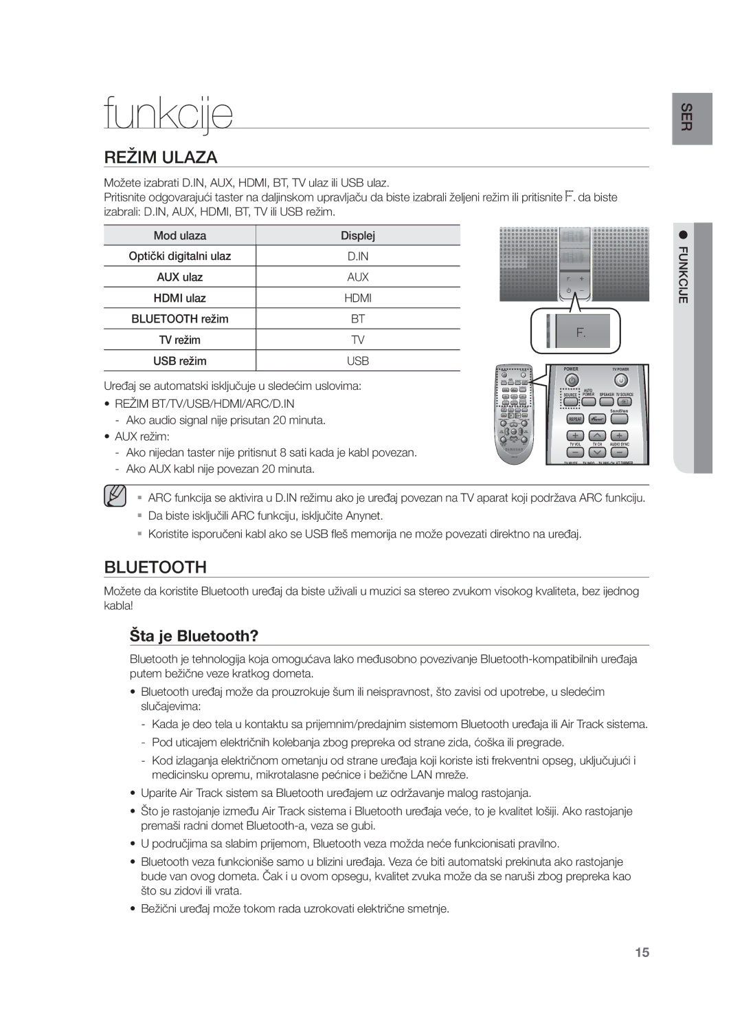 Samsung HW-F751/EN, HW-F750/EN manual Funkcije, Režim Ulaza, Šta je Bluetooth?, Režim BT/TV/USB/HDMI/ARC/D.IN 