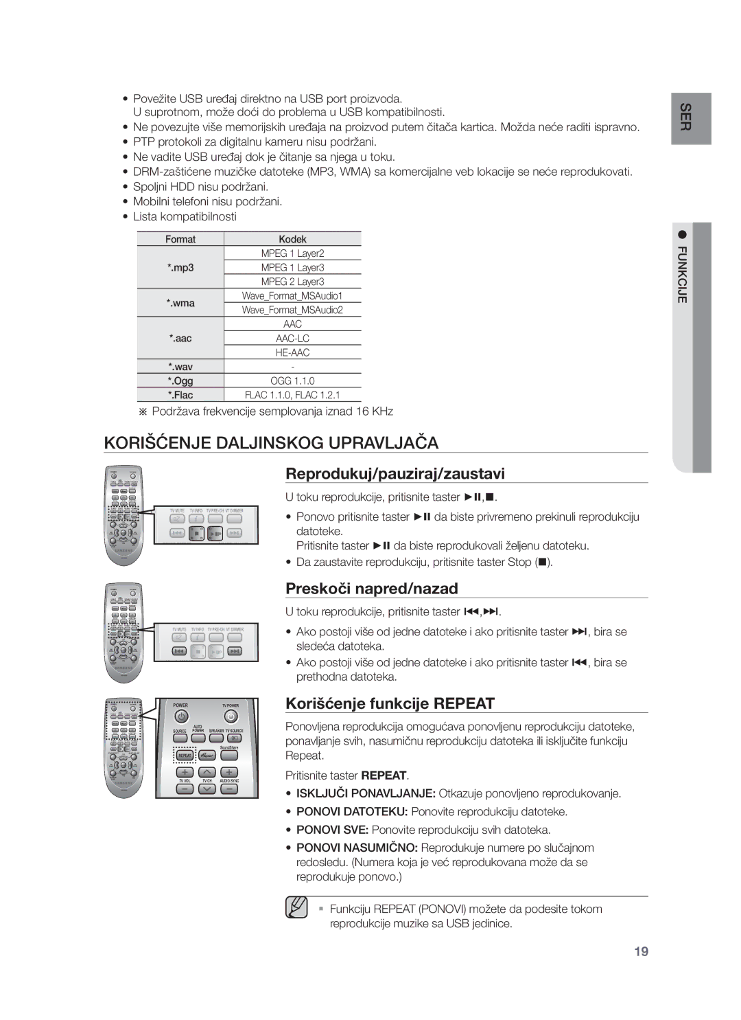 Samsung HW-F751/EN, HW-F750/EN manual Korišćenje Daljinskog Upravljača, Reprodukuj/pauziraj/zaustavi, Preskoči napred/nazad 