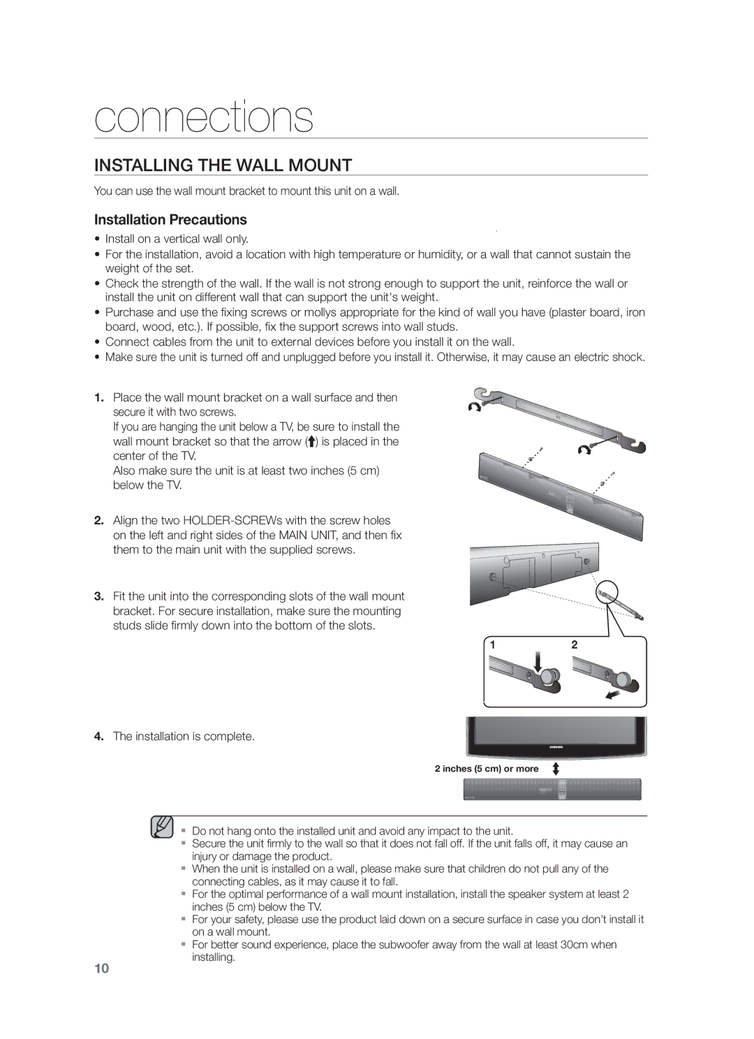 Samsung HW-F751/UM manual Connections, Installing the Wall Mount, Installation is complete 