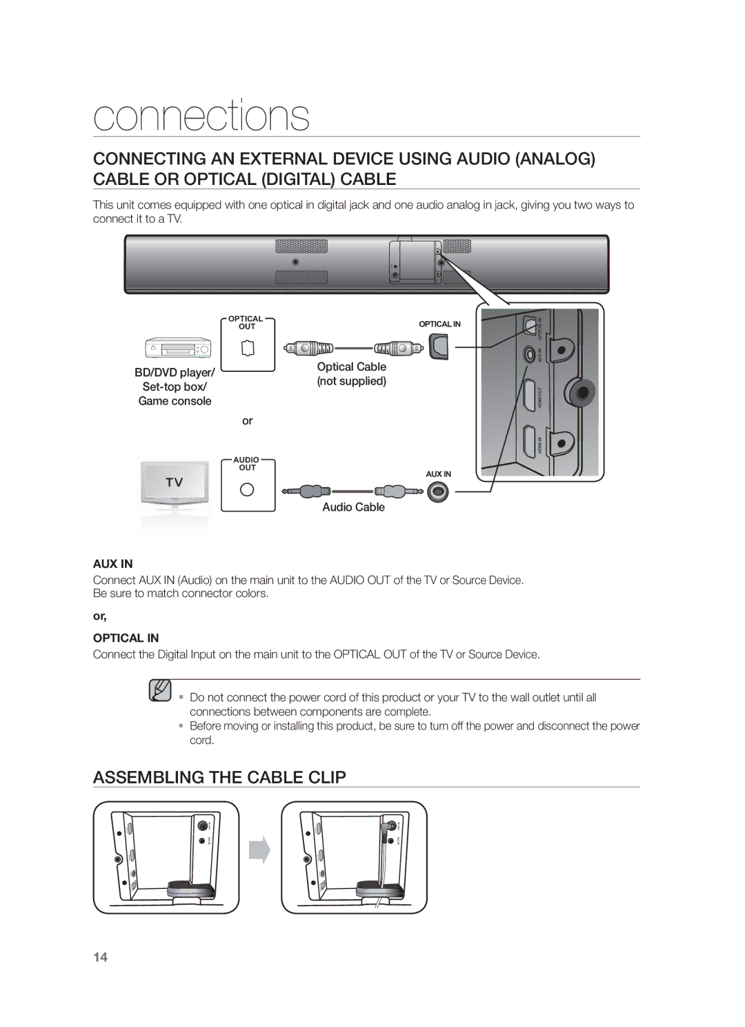 Samsung HW-F751/UM manual Assembling the Cable Clip, Optical Cable, Not supplied, Audio Cable 