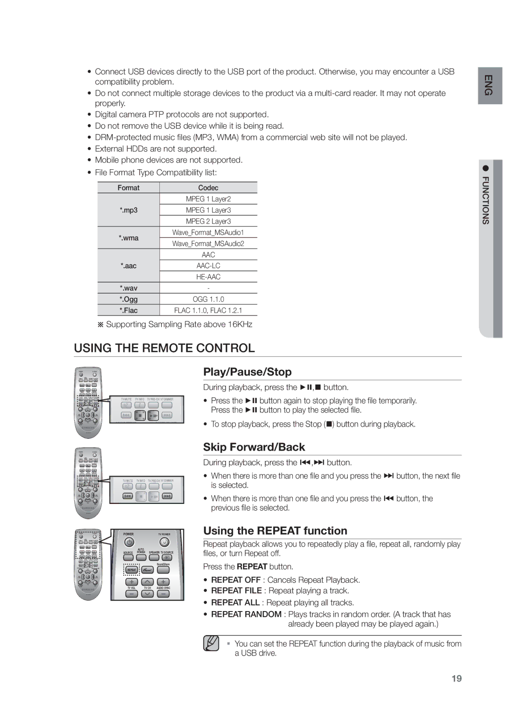 Samsung HW-F751/UM manual Using the Remote Control, Play/Pause/Stop, Skip Forward/Back, Using the Repeat function 