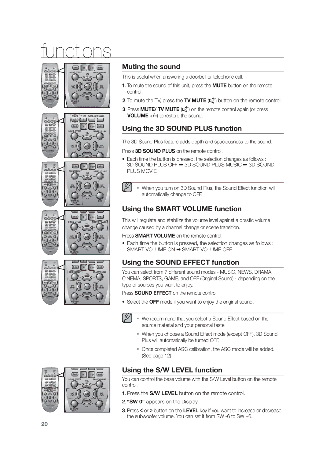 Samsung HW-F751/UM manual Muting the sound, Using the 3D Sound Plus function, Using the Smart Volume function 