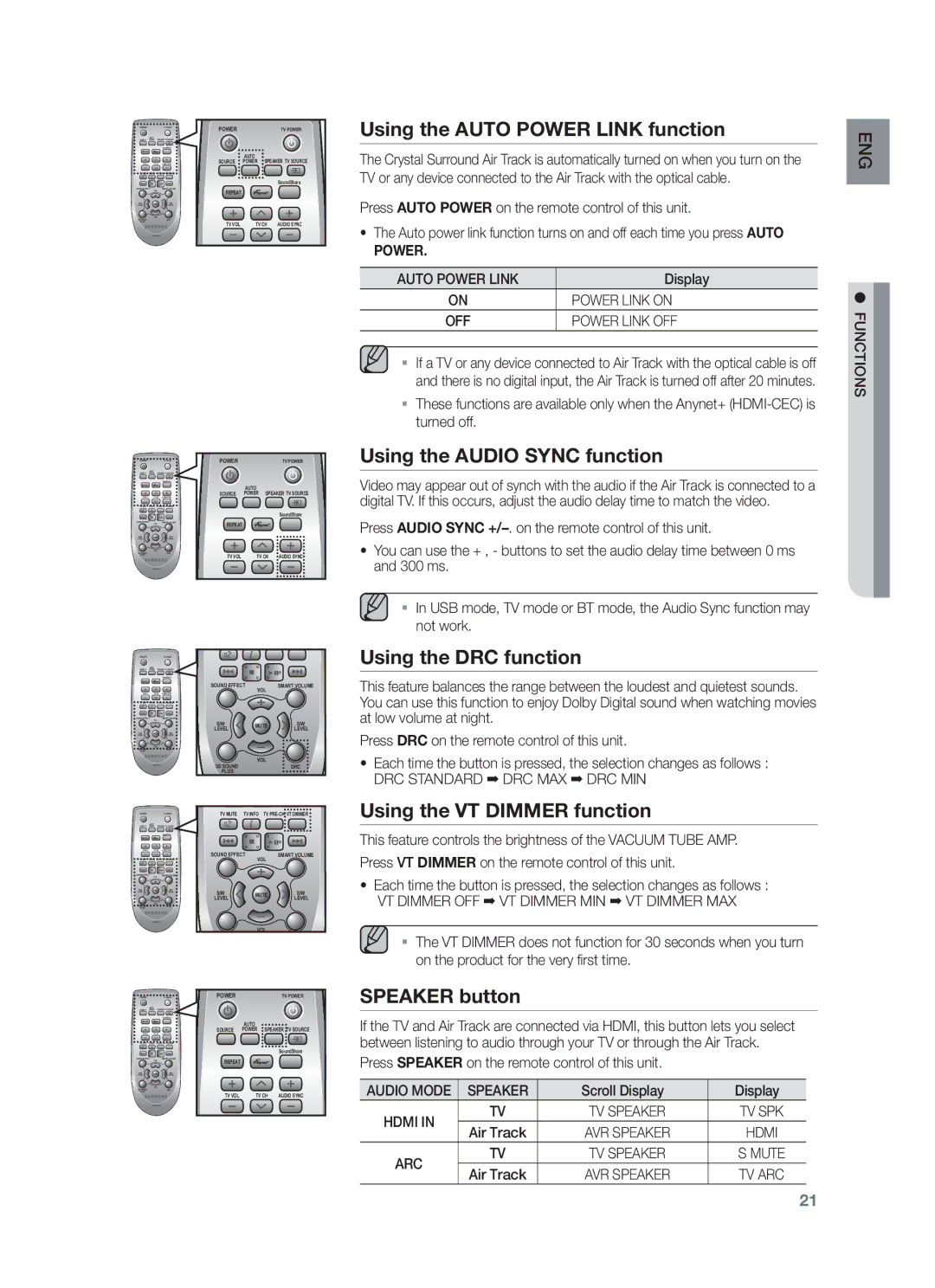 Samsung HW-F751/UM manual Using the Auto Power Link function, Using the Audio Sync function, Using the DRC function 