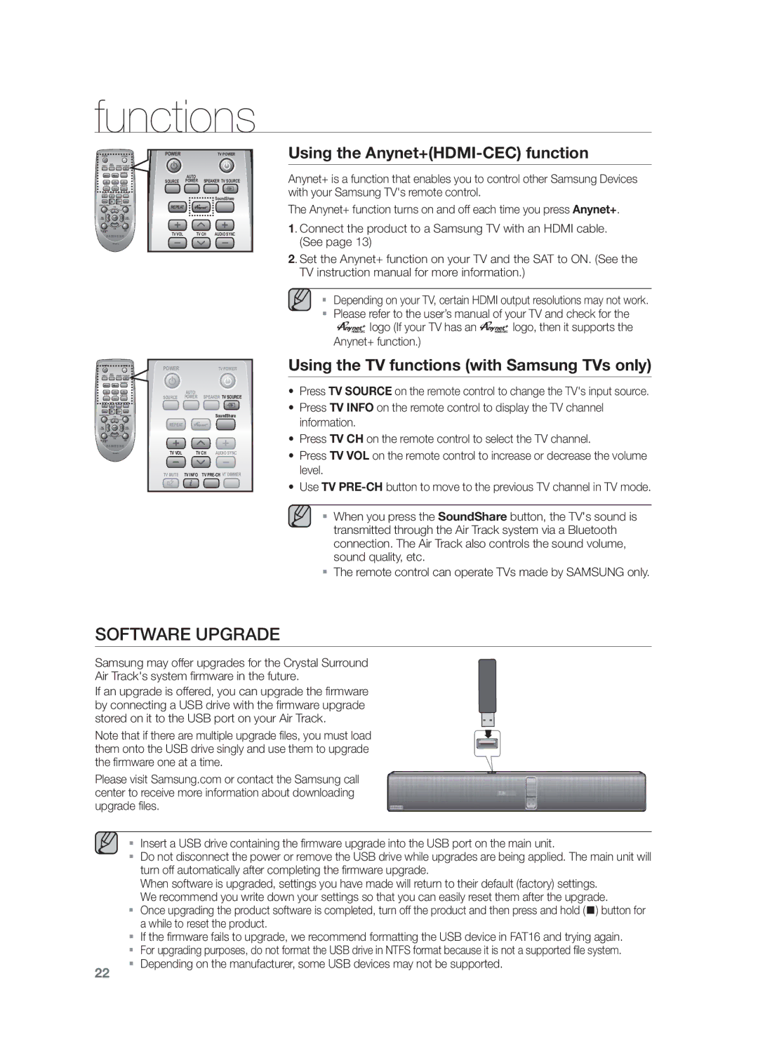 Samsung HW-F751/UM Software Upgrade, Using the Anynet+HDMI-CEC function, Using the TV functions with Samsung TVs only 