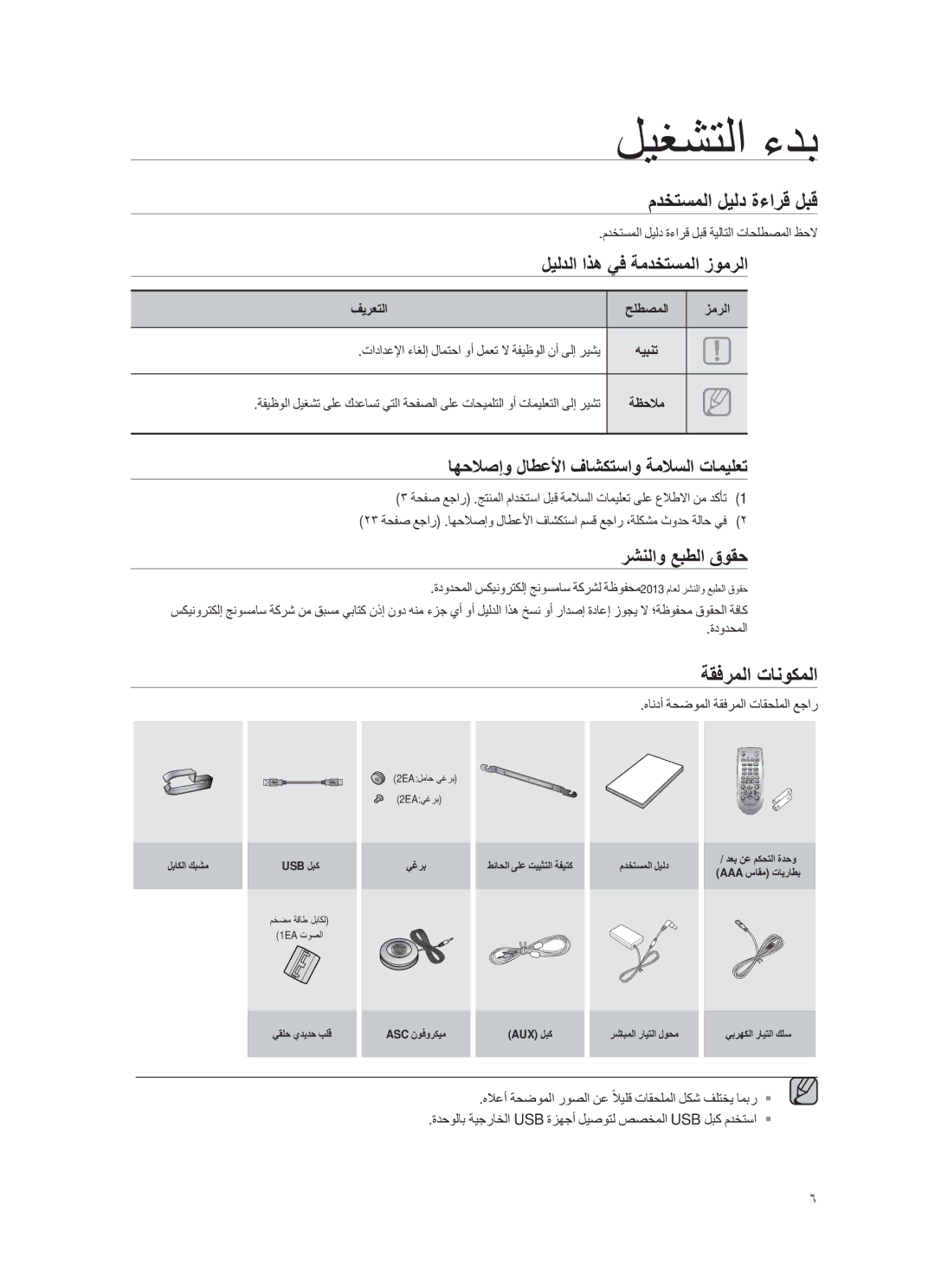 Samsung HW-F751/UM manual مدΧΗﺳﻣﻟا لϳﻟد ة˯ارϗ لΑϗ, ﺔϘϓرﻣﻟا Εﺎϧوϛﻣﻟا, لϳﻟدﻟا اΫھ ﻲϓ ﺔﻣدΧΗﺳﻣﻟا ίوﻣرﻟا, رηϧﻟاو ﻊΑطﻟا ϕوϘﺣ 