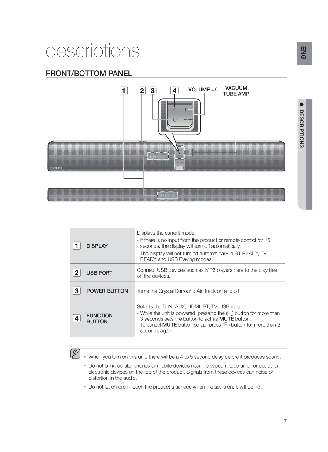 Samsung HW-F751/UM manual Descriptions, FRONT/BOTTOM Panel, Display, USB Port, Function Button 