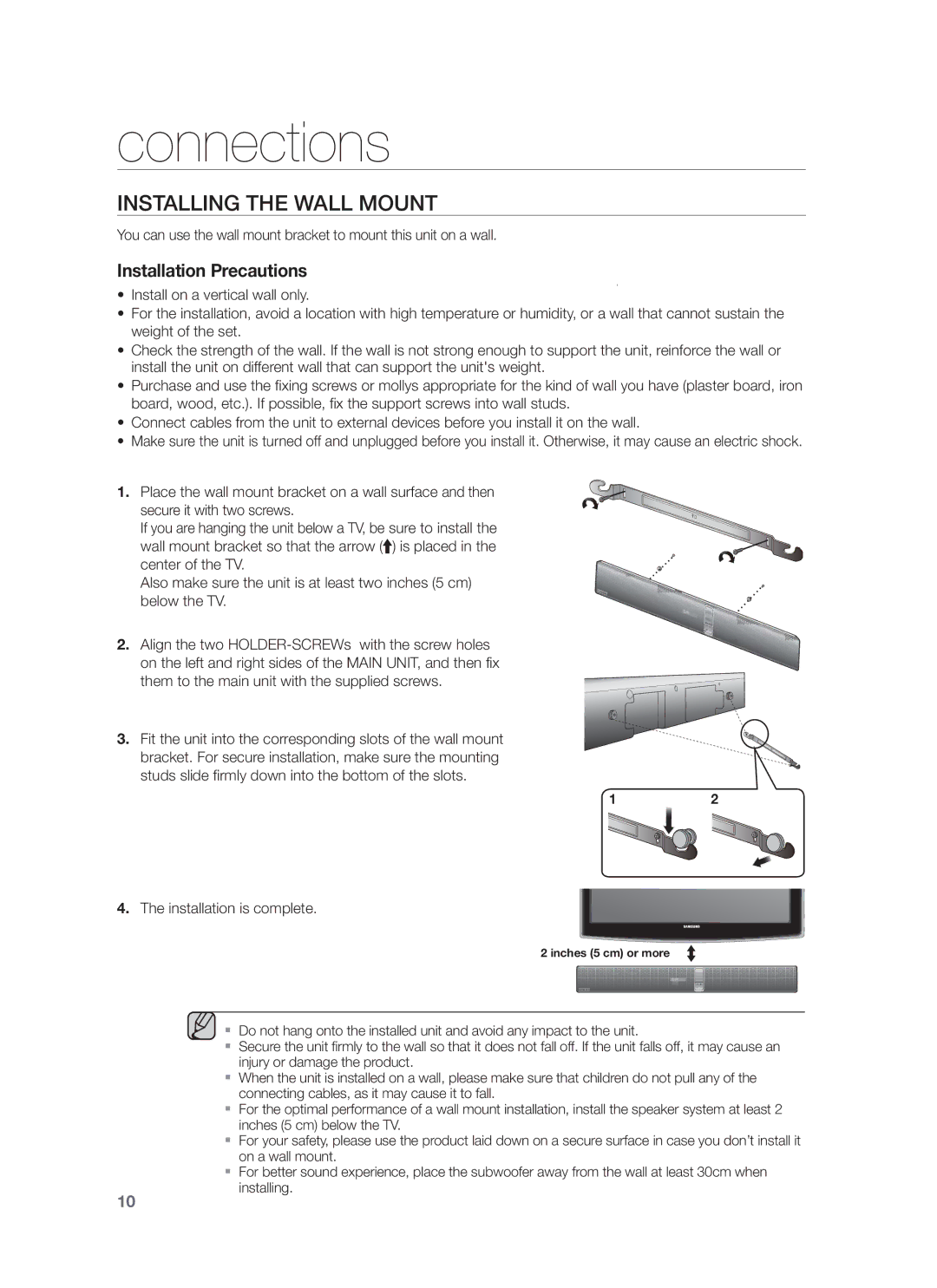 Samsung HW-F751/TK, HW-F751/XN, HW-F751/EN, HW-F750/XN manual Connections, Installing the Wall Mount, Installation is complete 