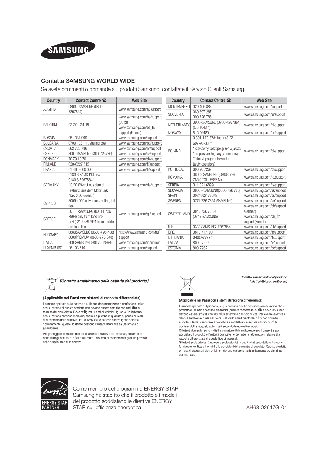 Samsung HW-F751/TK, HW-F751/XN, HW-F751/EN, HW-F750/XN, HW-F750/EN manual Corretto smaltimento delle batterie del prodotto 