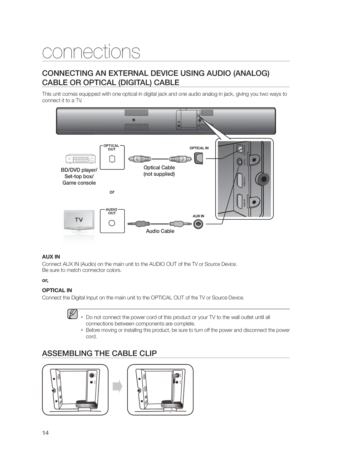 Samsung HW-F750/ZF, HW-F751/XN, HW-F751/TK, HW-F751/EN, HW-F750/XN, HW-F750/EN manual Assembling the Cable Clip, Audio Cable 