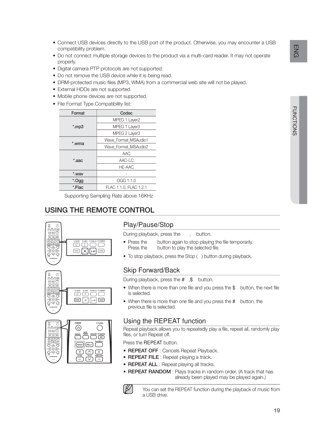 Samsung HW-F751/TK, HW-F751/XN Using the Remote Control, Play/Pause/Stop, Skip Forward/Back, Using the Repeat function 