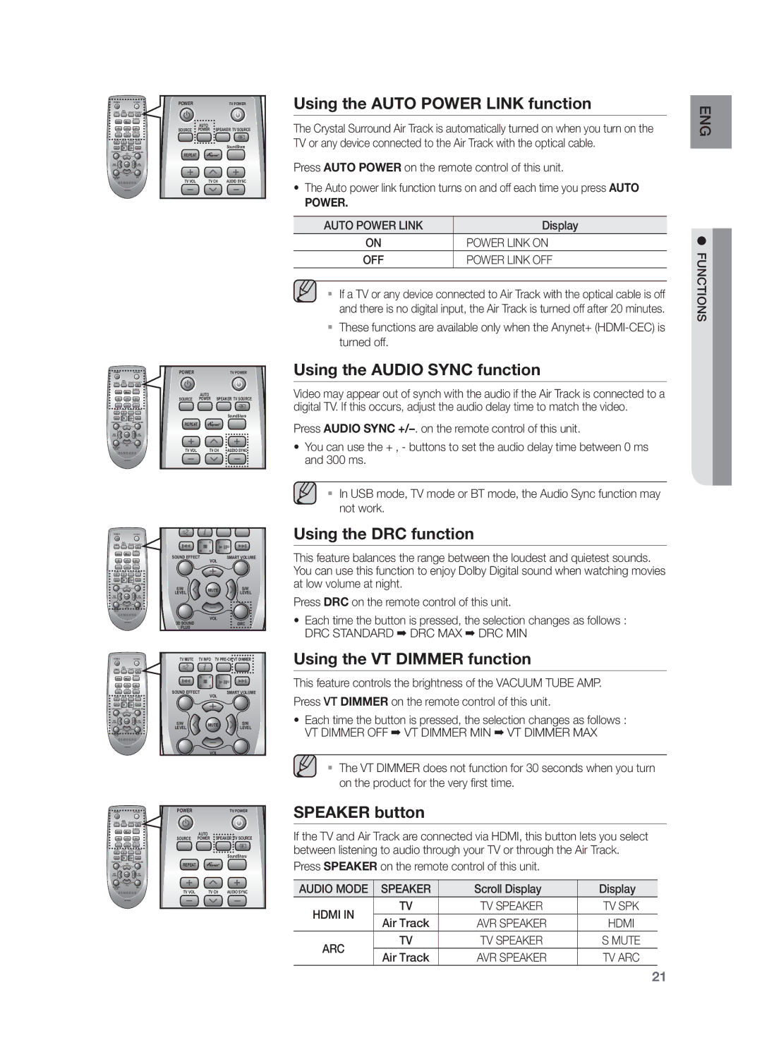 Samsung HW-F750/XN, HW-F751/XN Using the Auto Power Link function, Using the Audio Sync function, Using the DRC function 