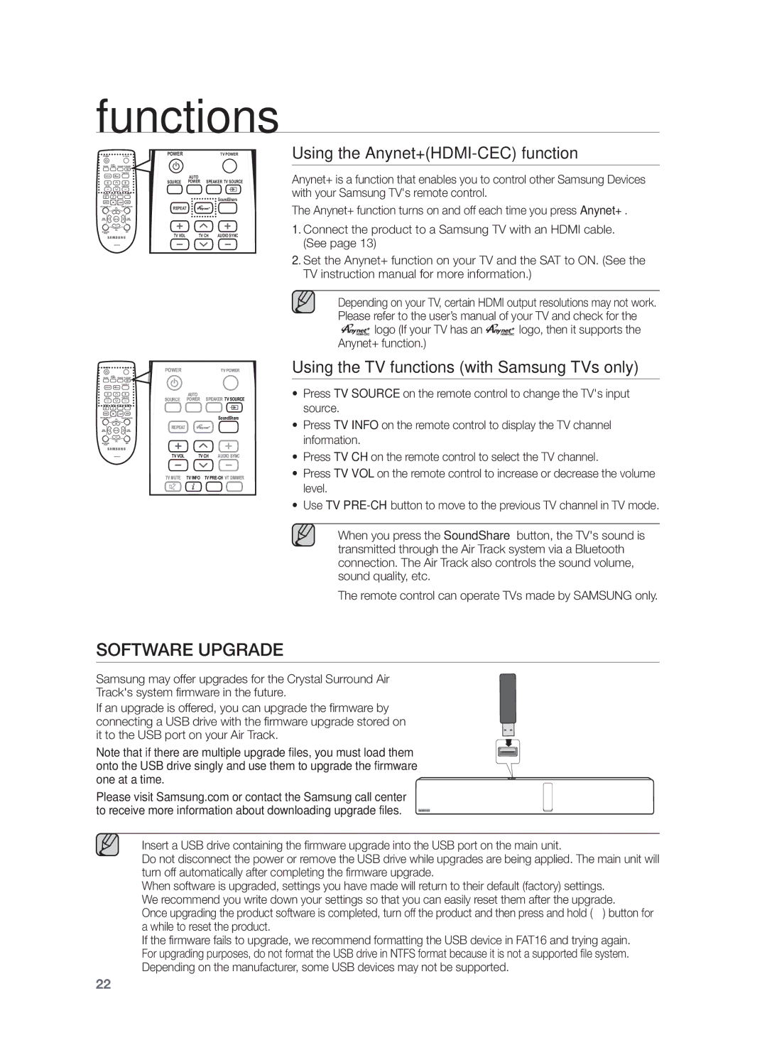 Samsung HW-F750/EN Software Upgrade, Using the Anynet+HDMI-CEC function, Using the TV functions with Samsung TVs only 