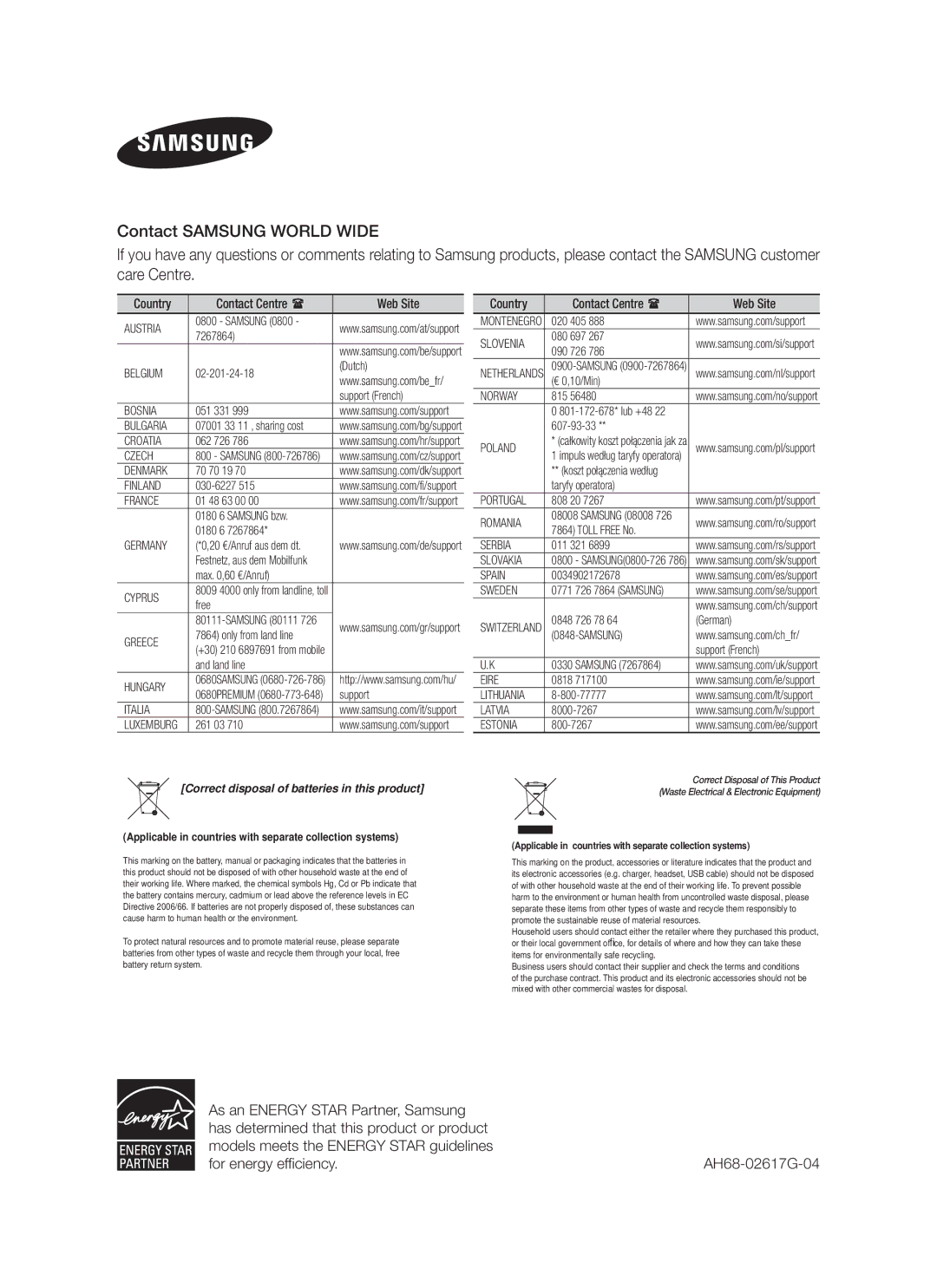 Samsung HW-F750/XE, HW-F751/XN, HW-F751/TK, HW-F751/EN, HW-F750/XN, HW-F750/EN, HW-F750/ZF, HW-F751/ZF, HW-F751/XE AH68-02617G-04 