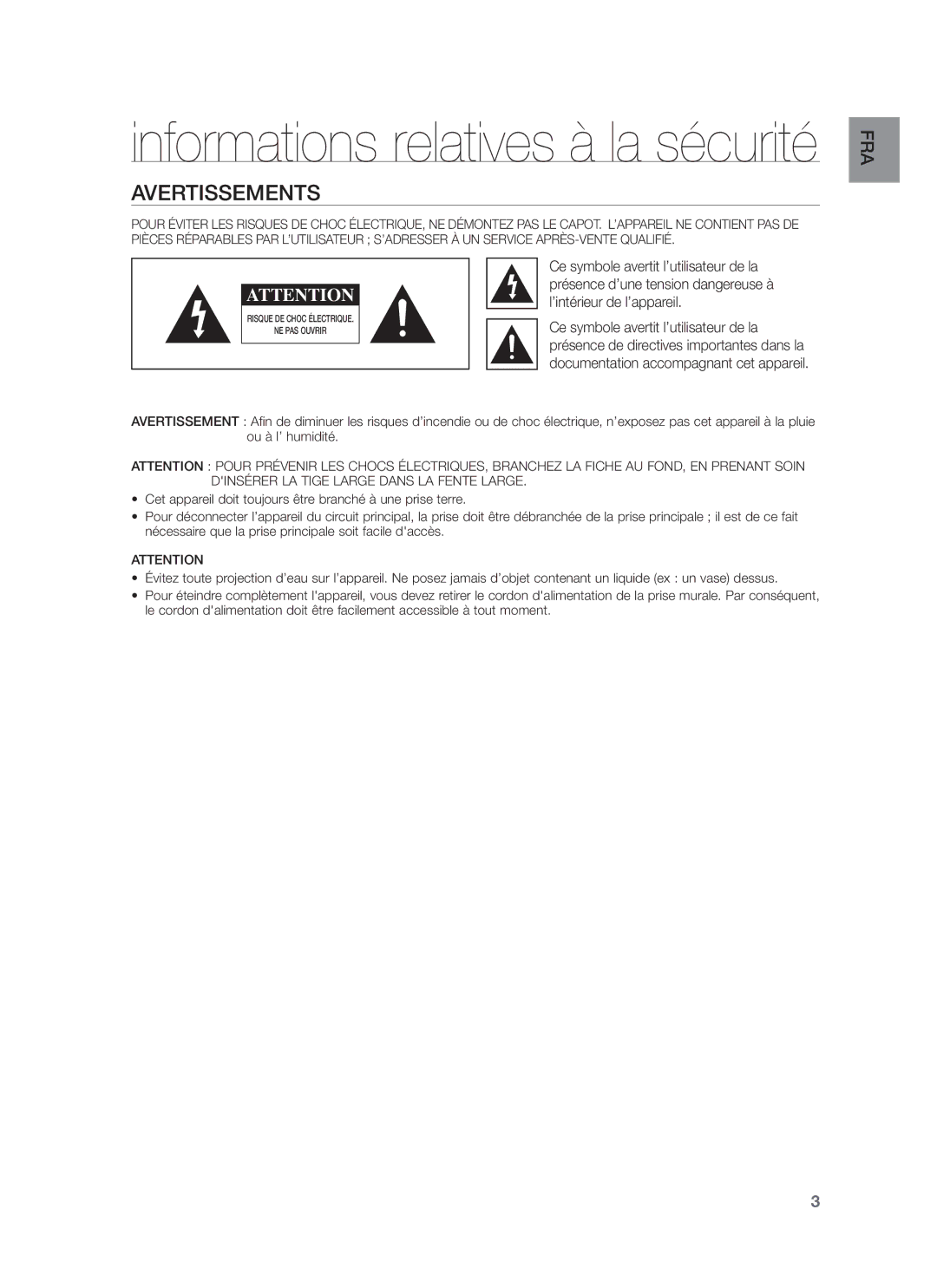 Samsung HW-F751/TK, HW-F751/XN, HW-F751/EN Avertissements, Ce symbole avertit l’utilisateur de la, ’intérieur de l’appareil 