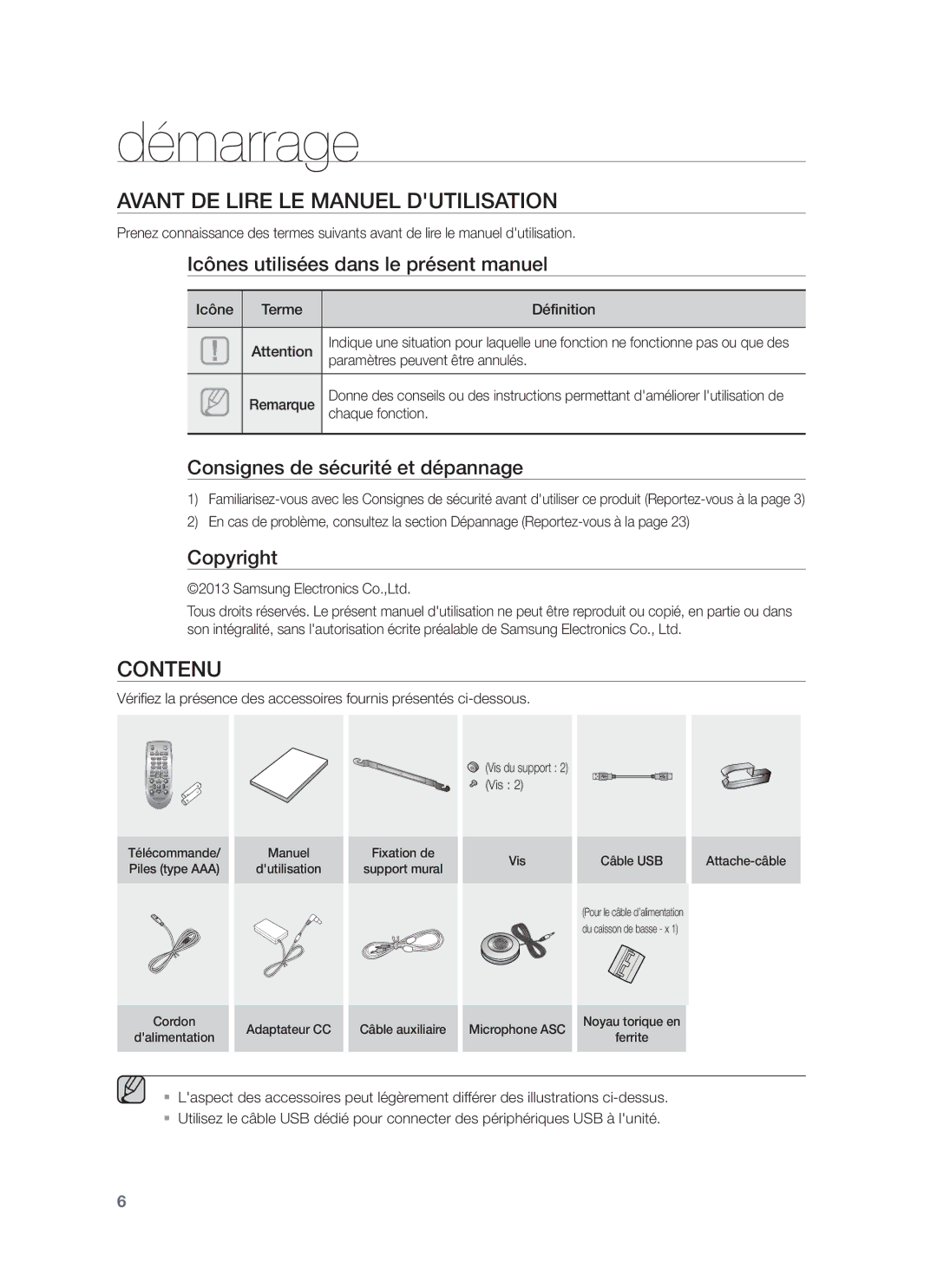 Samsung HW-F750/EN, HW-F751/XN, HW-F751/TK, HW-F751/EN, HW-F750/XN Démarrage, Avant DE Lire LE Manuel Dutilisation, Contenu 