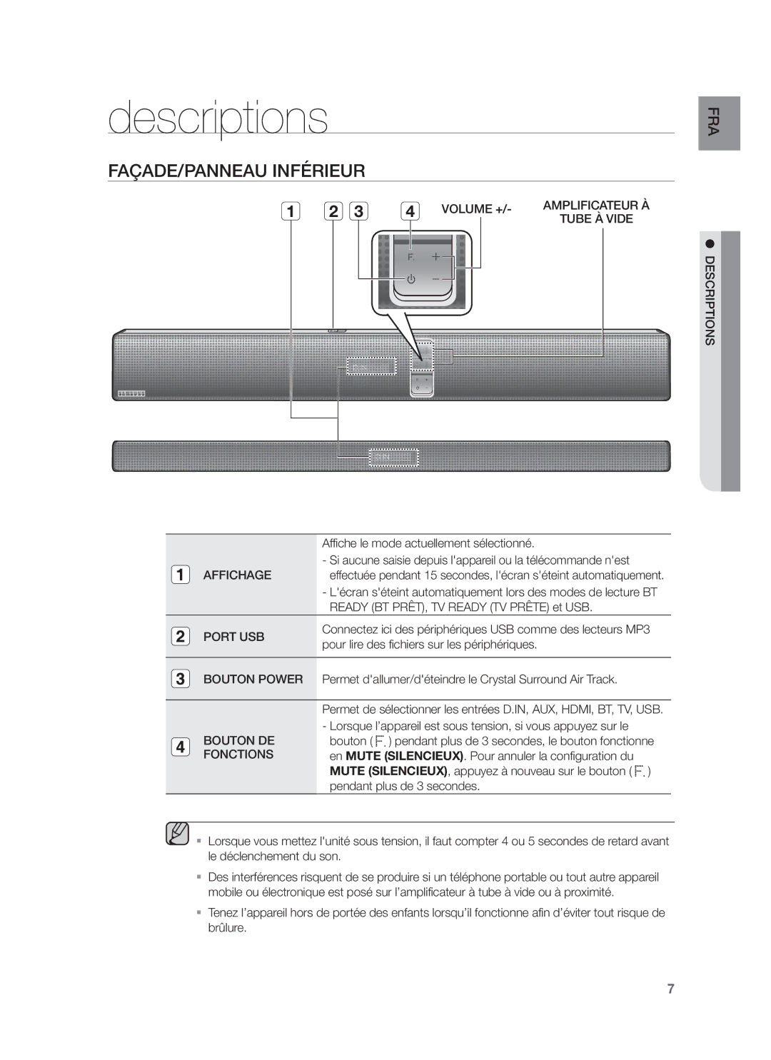 Samsung HW-F750/ZF manual FAÇADE/PANNEAU Inférieur, Volume + Amplificateur À Tube À Vide Descriptions, Affichage, Port USB 