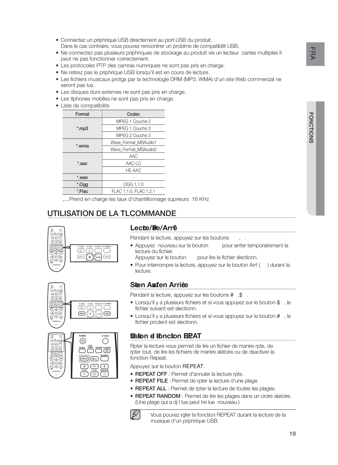 Samsung HW-F751/XE, HW-F751/XN, HW-F751/TK Utilisation DE LA Télécommande, Lecture/Pause/Arrêt, Saut en Avant/en Arrière 