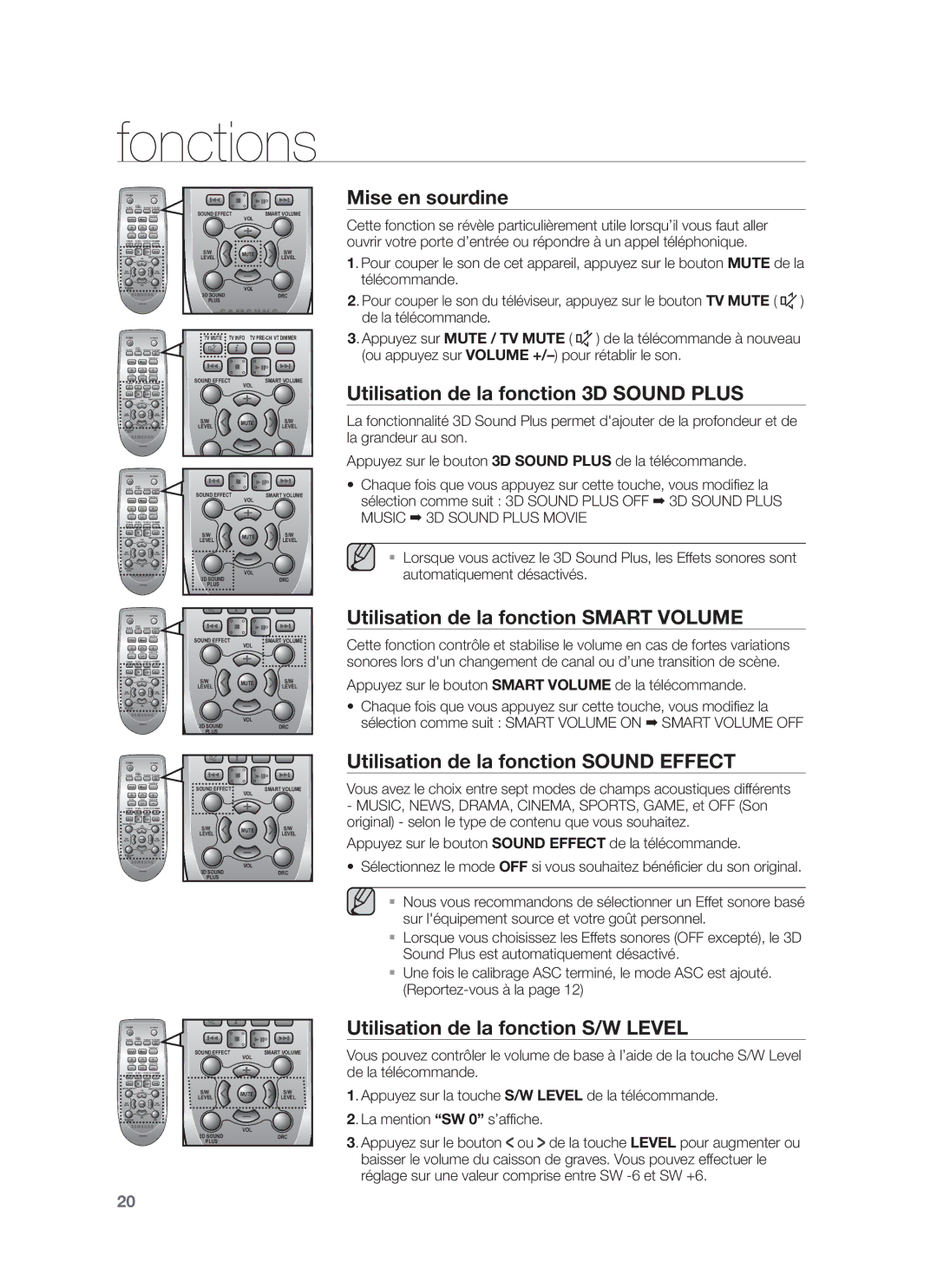 Samsung HW-F751/XN Mise en sourdine, Utilisation de la fonction 3D Sound Plus, Utilisation de la fonction Smart Volume 