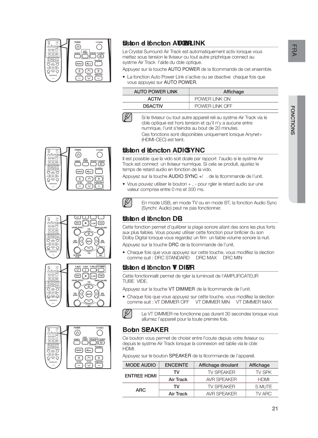 Samsung HW-F751/TK manual Utilisation de la fonction Auto Power Link, Utilisation de la fonction Audio Sync, Bouton Speaker 