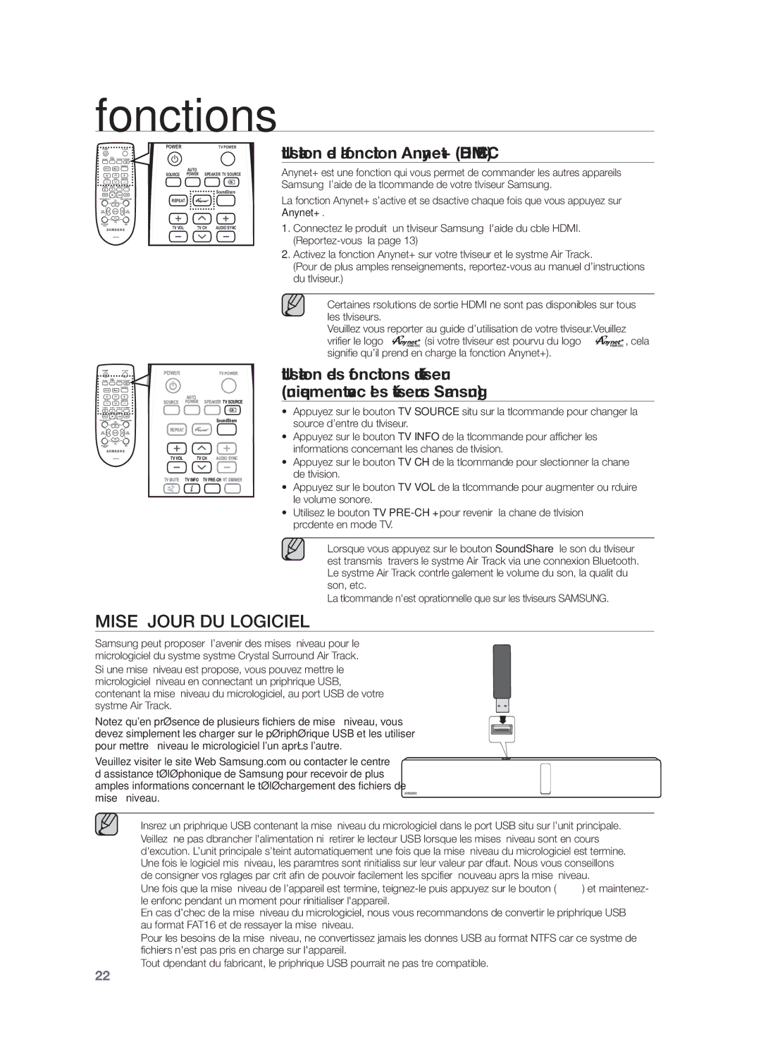 Samsung HW-F751/EN, HW-F751/XN, HW-F751/TK, HW-F750/XN Mise À Jour DU Logiciel, Utilisation de la fonction Anynet+ HDMI-CEC 