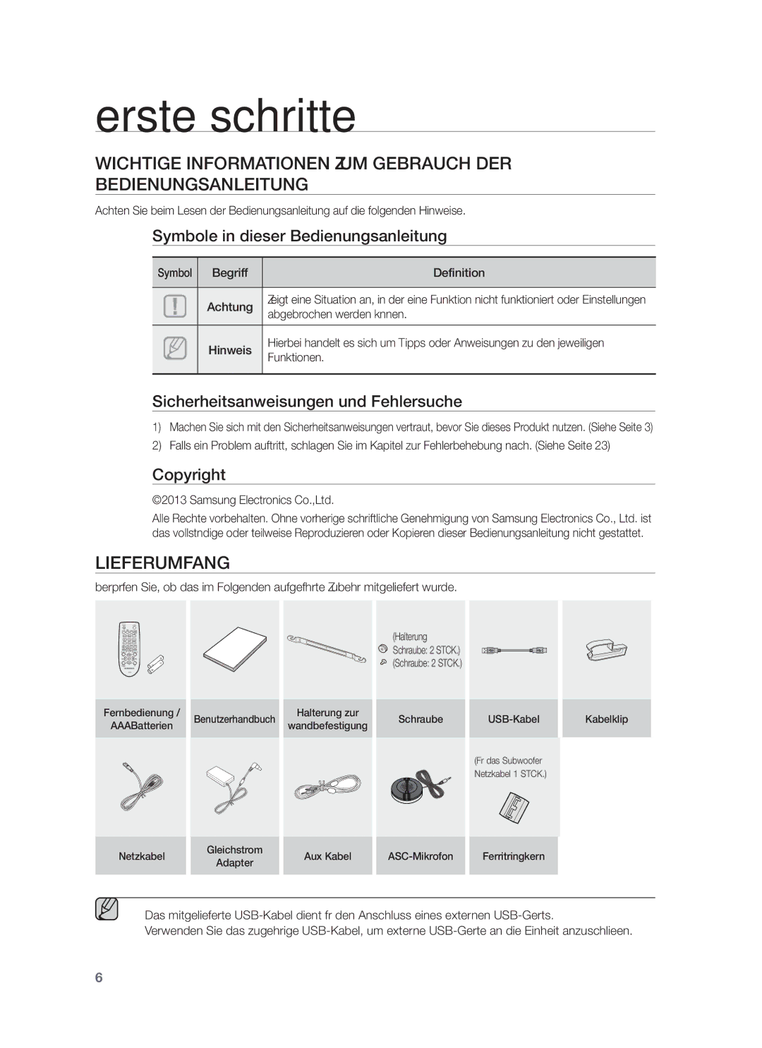 Samsung HW-F751/EN, HW-F751/XN Erste schritte, Wichtige Informationen ZUM Gebrauch DER Bedienungsanleitung, Lieferumfang 