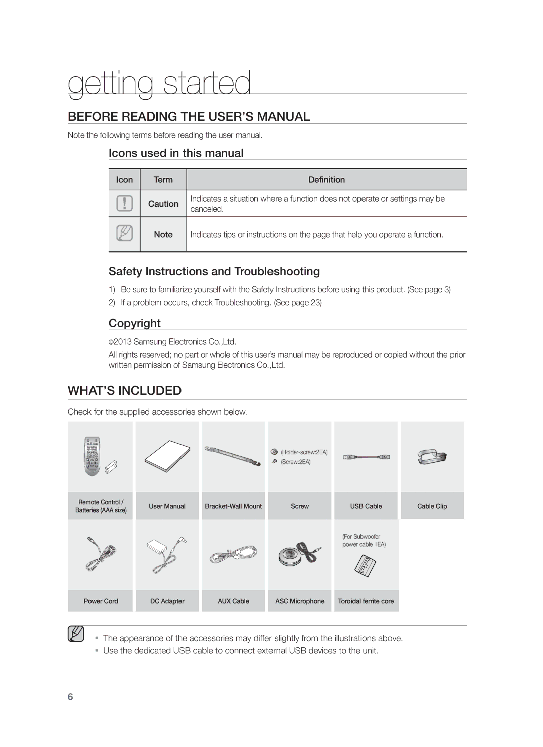 Samsung HW-F751/ZF, HW-F751/XN, HW-F751/TK, HW-F751/EN Getting started, Before Reading the USER’S Manual, WHAT’S Included 