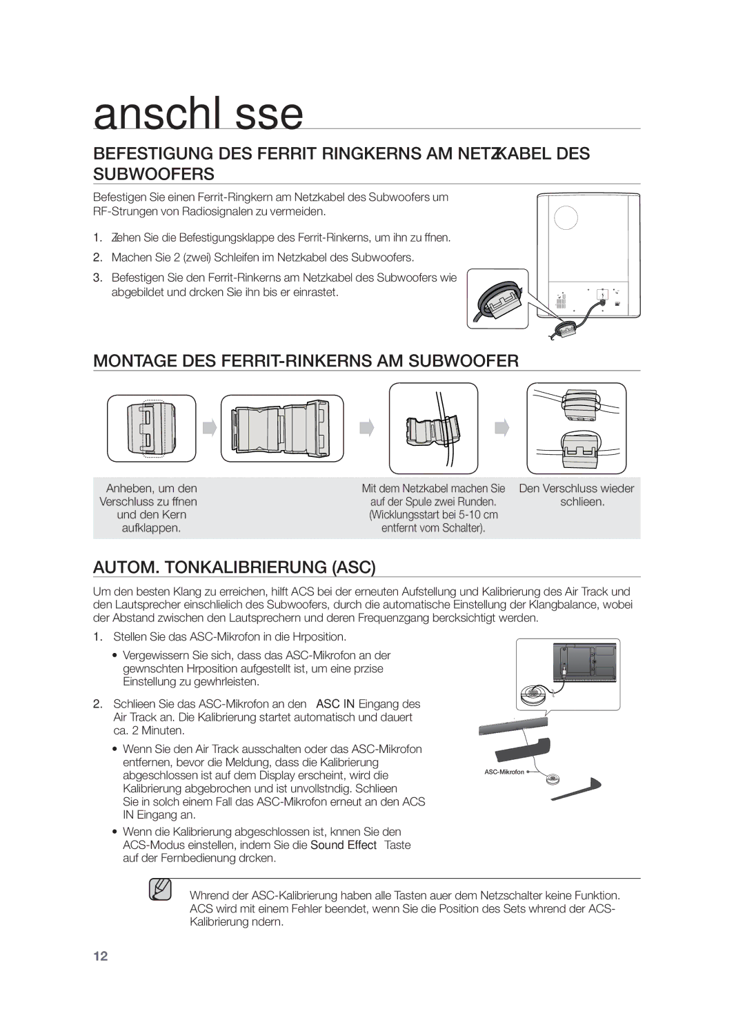 Samsung HW-F751/XE, HW-F751/XN, HW-F751/TK Montage DES FERRIT-RINKERNS AM Subwoofer, AUTOM. Tonkalibrierung ASC, Schließen 