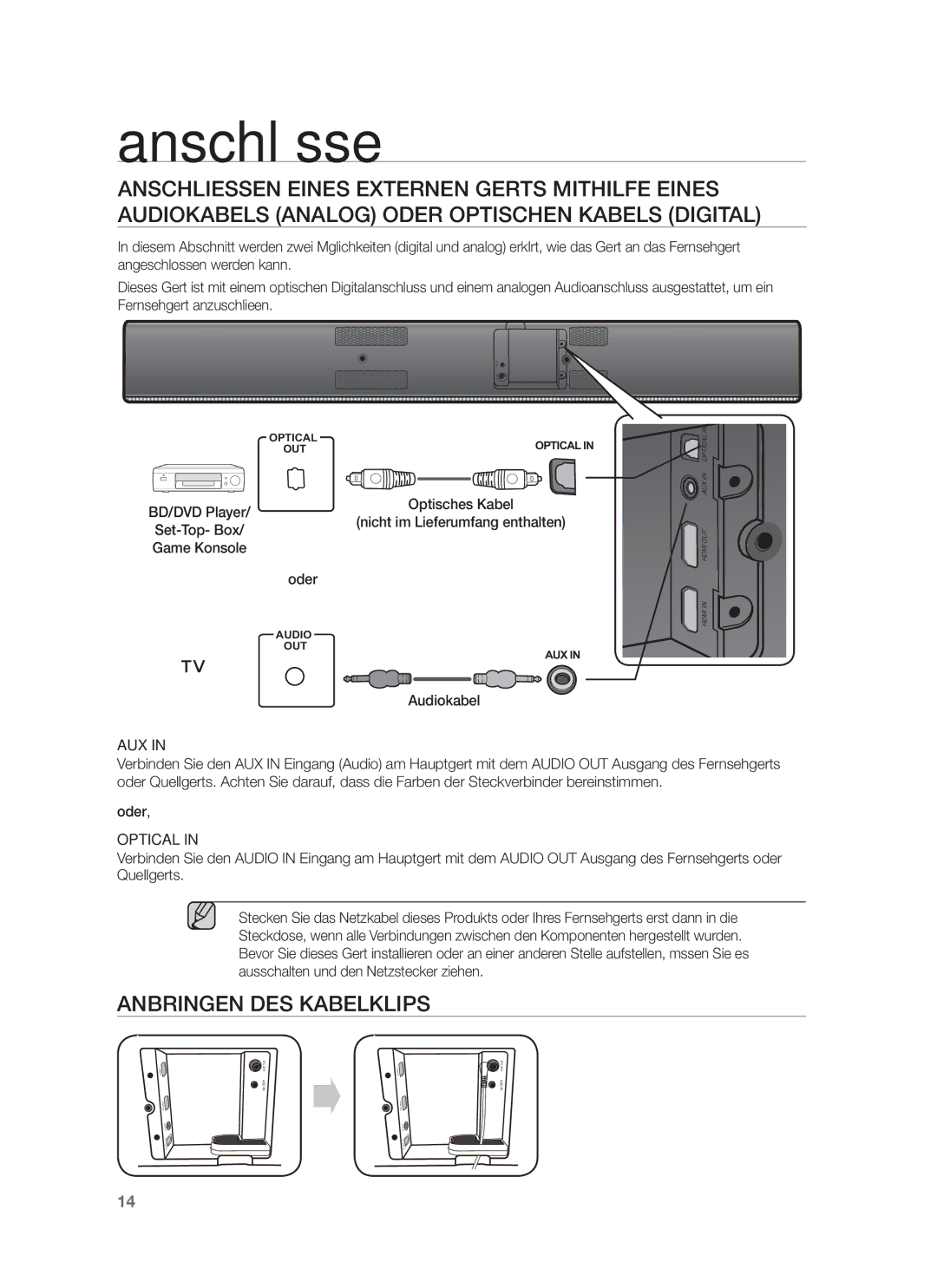 Samsung HW-F751/TK, HW-F751/XN, HW-F751/EN, HW-F750/XN, HW-F750/EN, HW-F750/ZF manual Anbringen DES Kabelklips, Oder, Audiokabel 